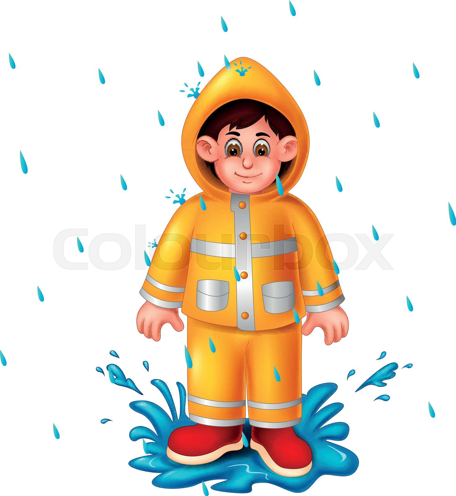 funny boy cartoon using rain coat standing under rain with smile