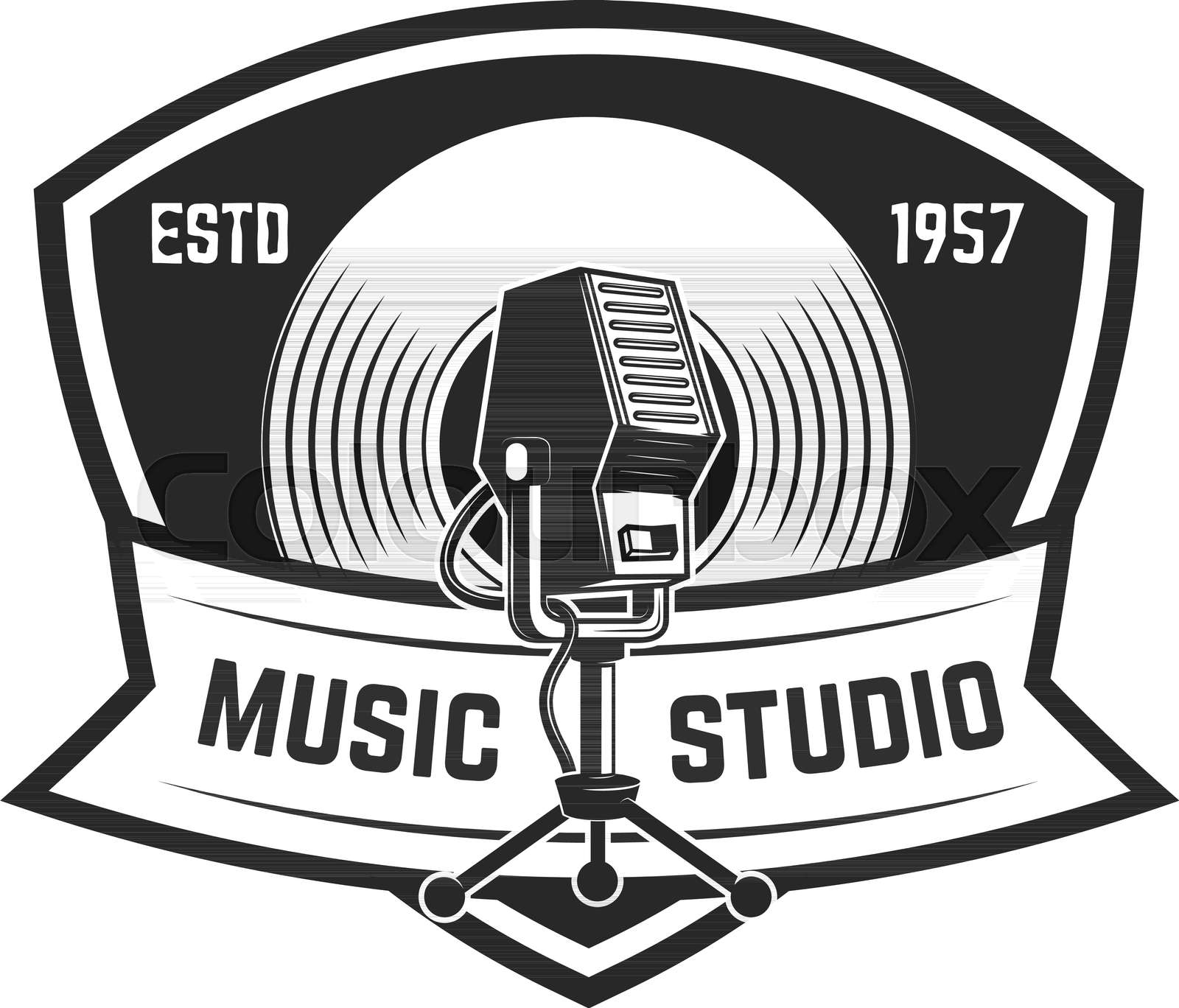 Emblem template with retro microphone. Design element for logo, label, sign. Stock vector