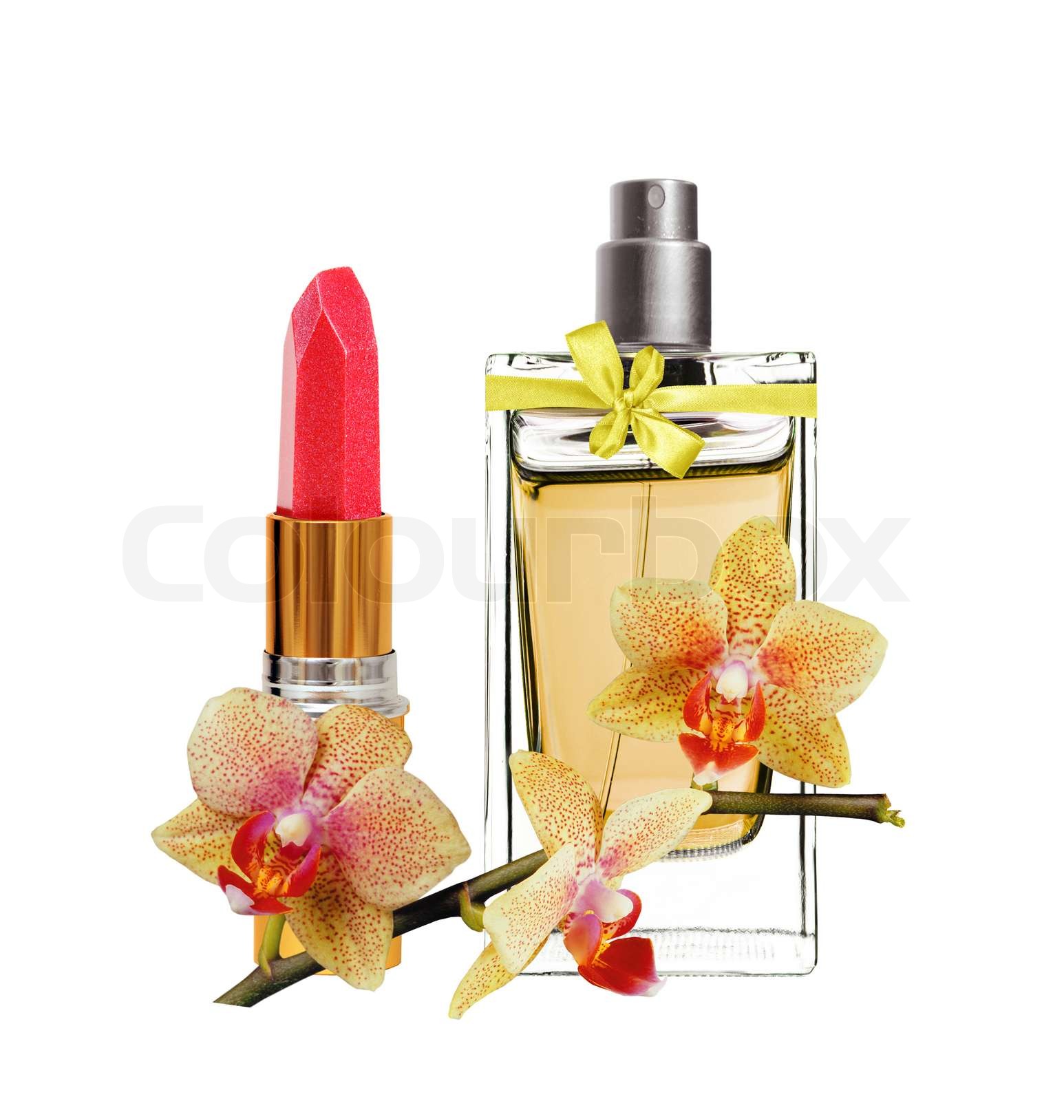 Frauen Parfüm in schöne Flasche , roten Lippenstift und gelbe Orchidee ...