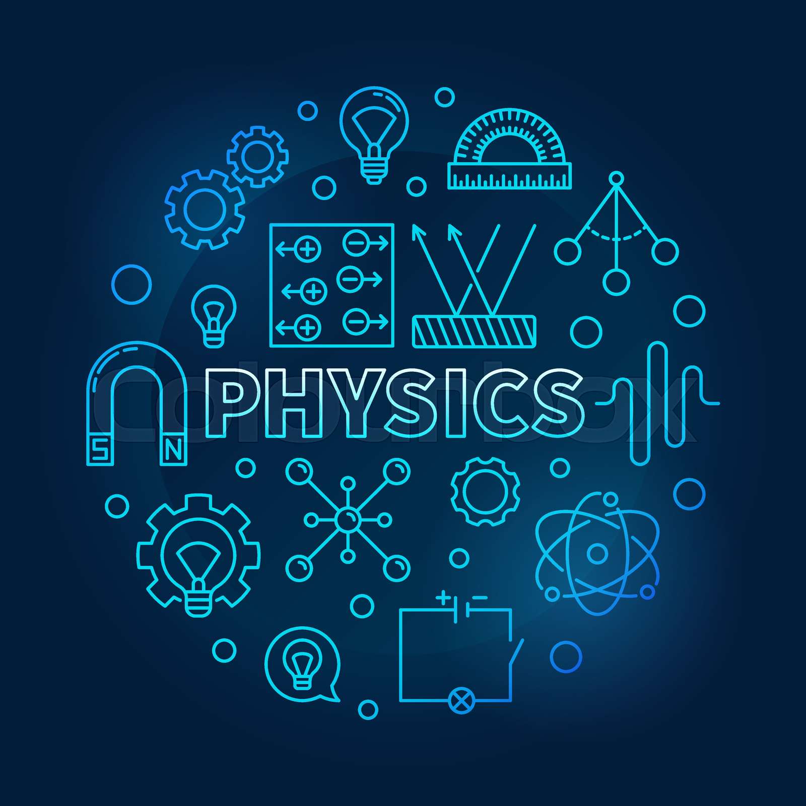 Physics vector round blue science and education illustration Stock