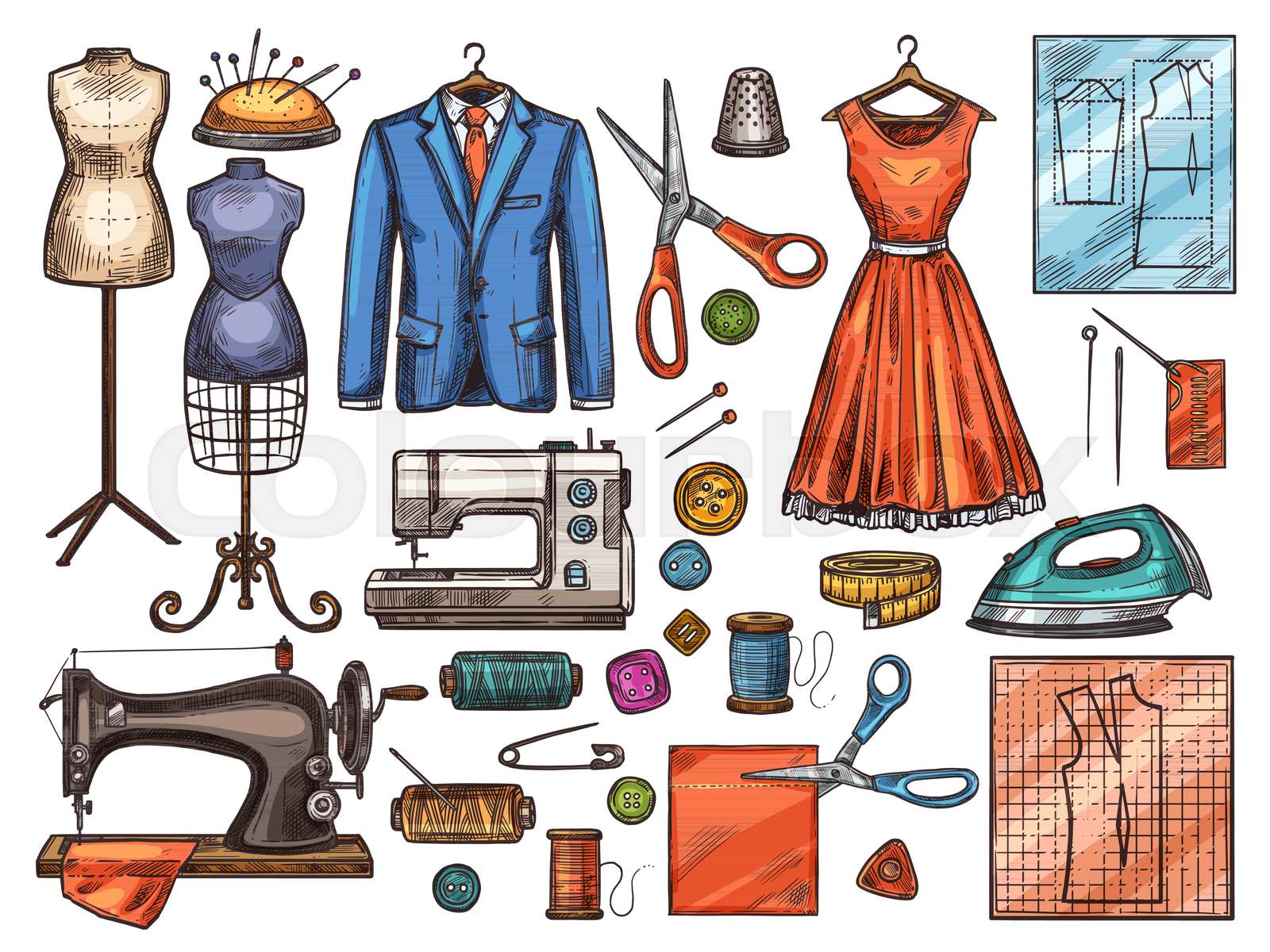 Sewing tool and tailor equipment sketch design Stock vector Colourbox