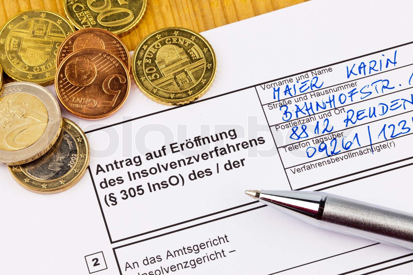 der Antrag auf Insolvenz für Privatpersonen in Deutschland Stock Bild Colourbox