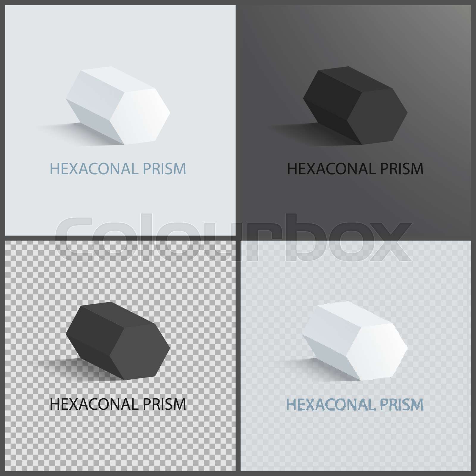 Hexagonal Prisms Set on Dark Light and Transparent Stock vector