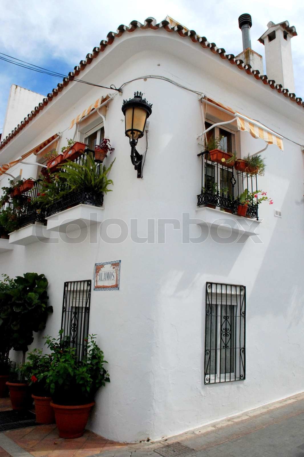 Traditional Spanish White Corner Building Stock image Colourbox