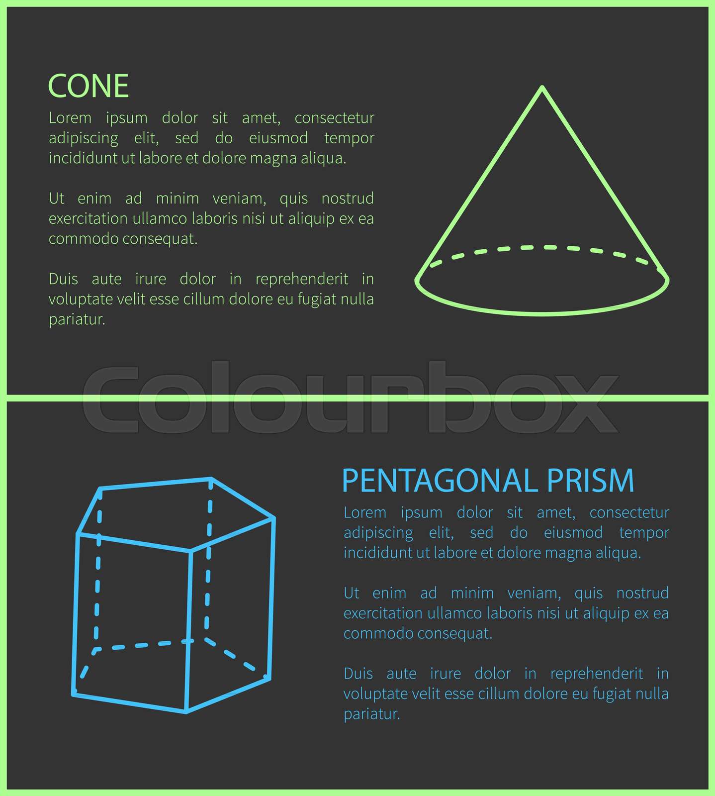 Cone and Pentagonal Prism Geometric Shapes Simple Stock vector