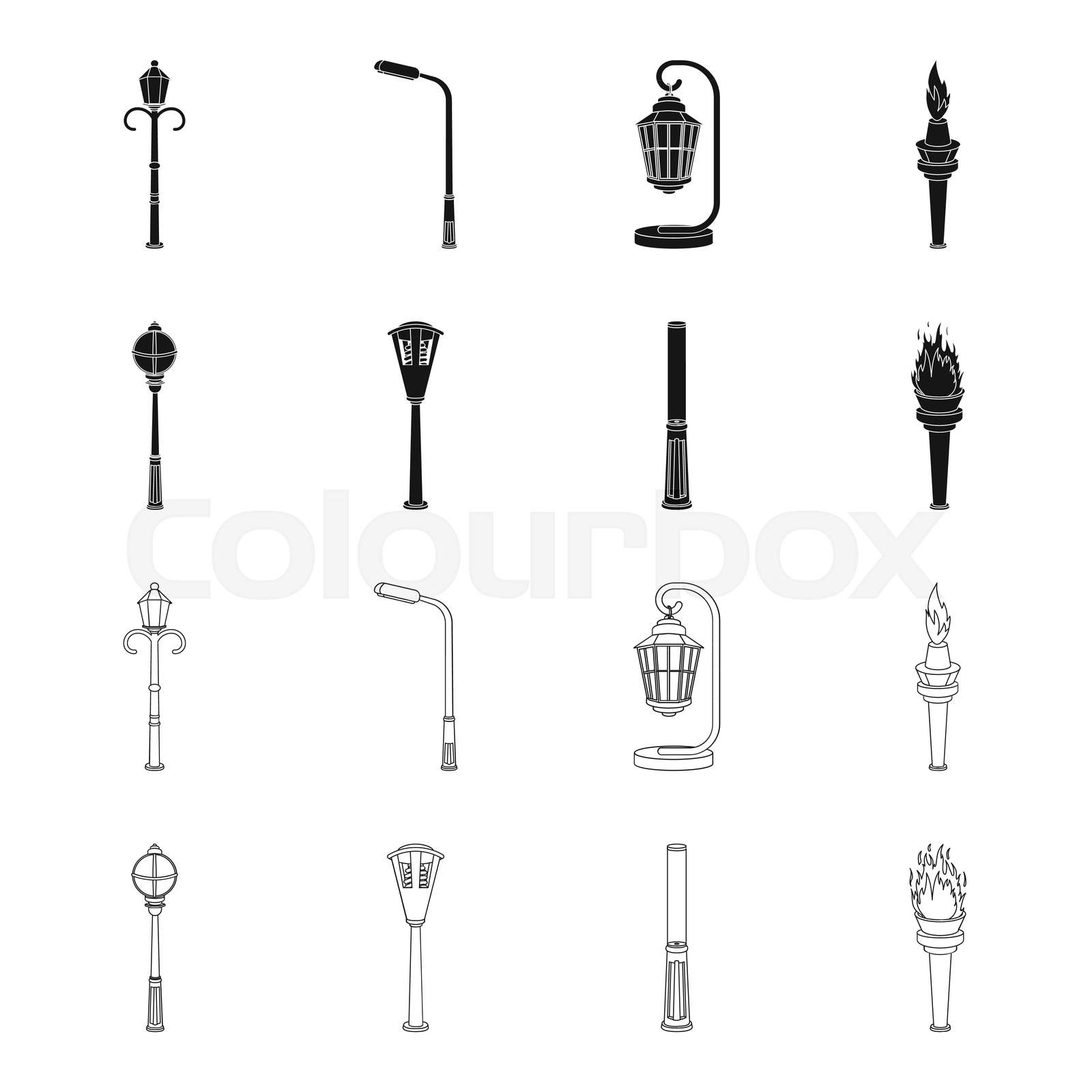 Lamppost in retro style, modern lantern, torch and other types of