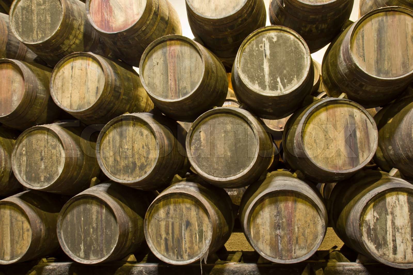 rows of wooden barrels with wine in cellar | Stock image | Colourbox
