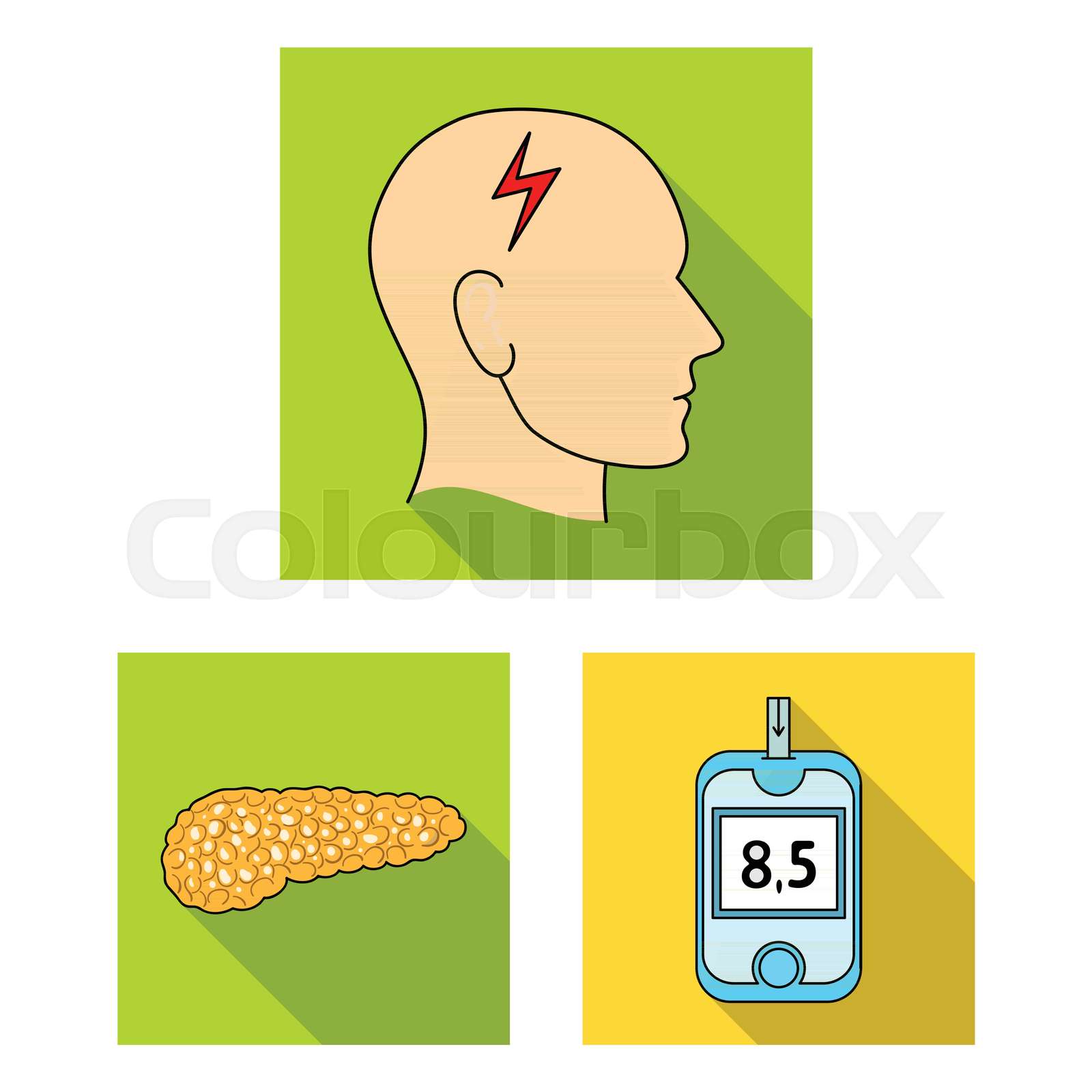 Diabetes flat icons in set collection for design. Treatment of diabetes