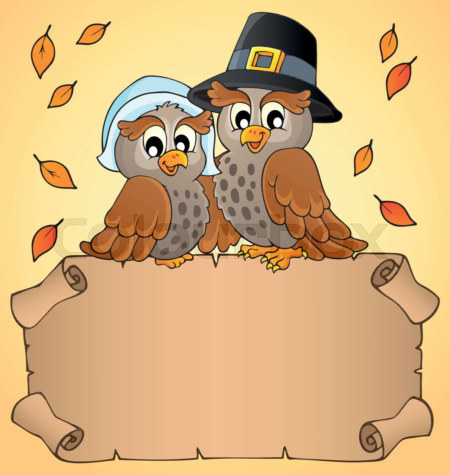 Thanksgiving parchment with happy owls | Stock vector | Colourbox