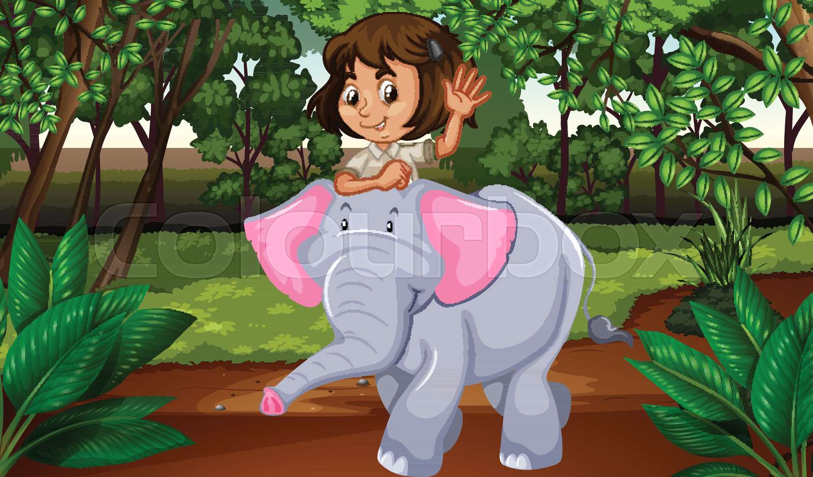 Girl riding elephant through jungle Stock vector Colourbox