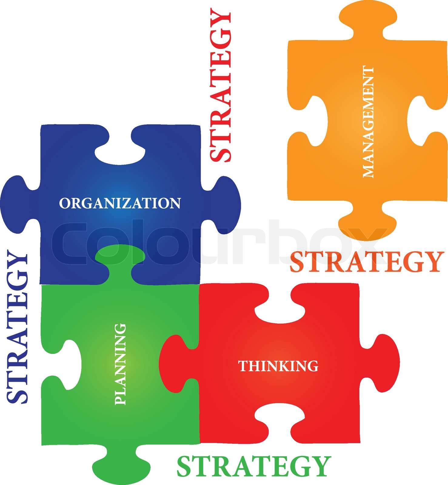 Vector of four jigsaw puzzle pieces with words on the topic of strategy