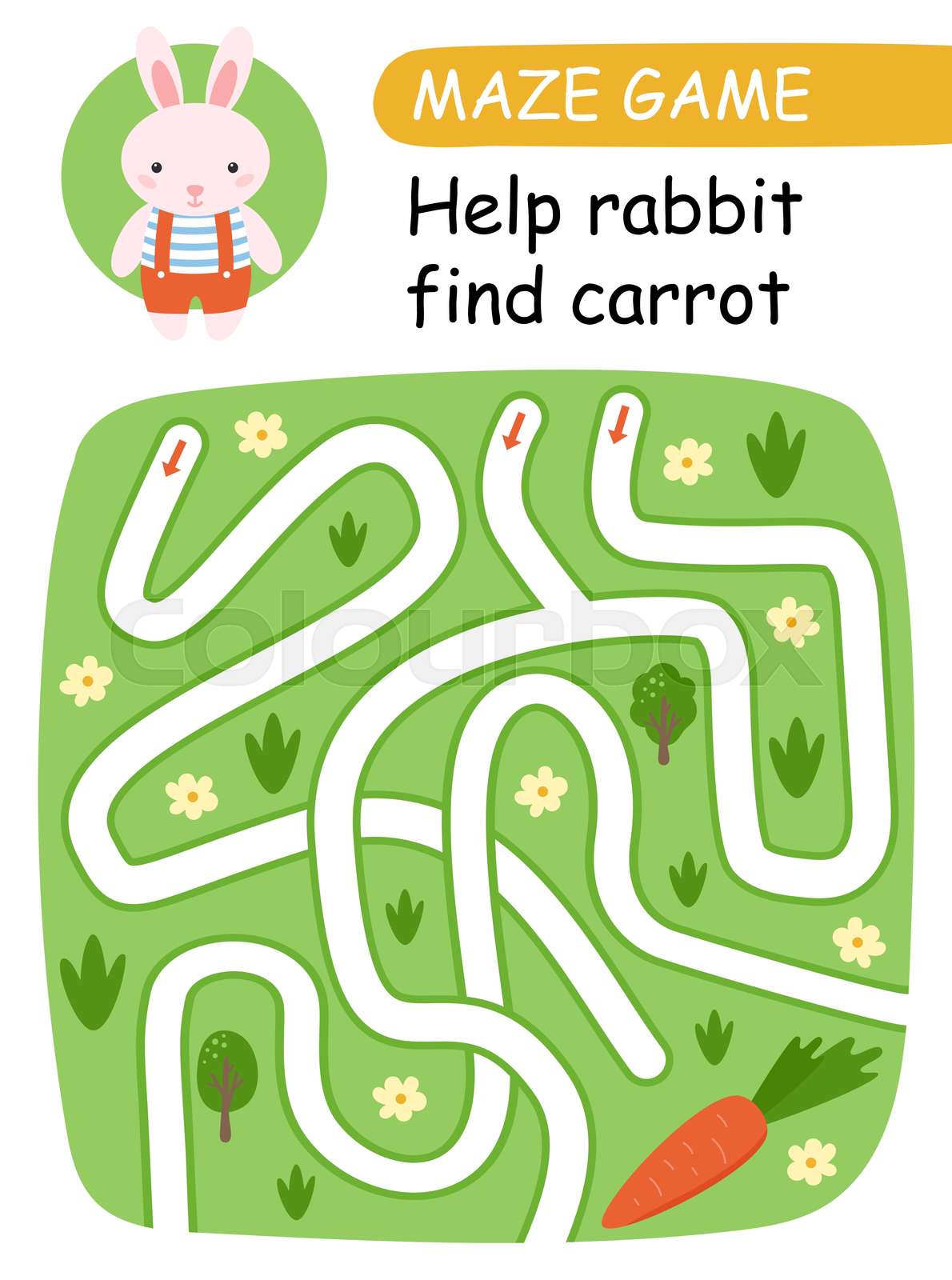 Help bunny find carrots. Maze game for kids. Vector Stock vector