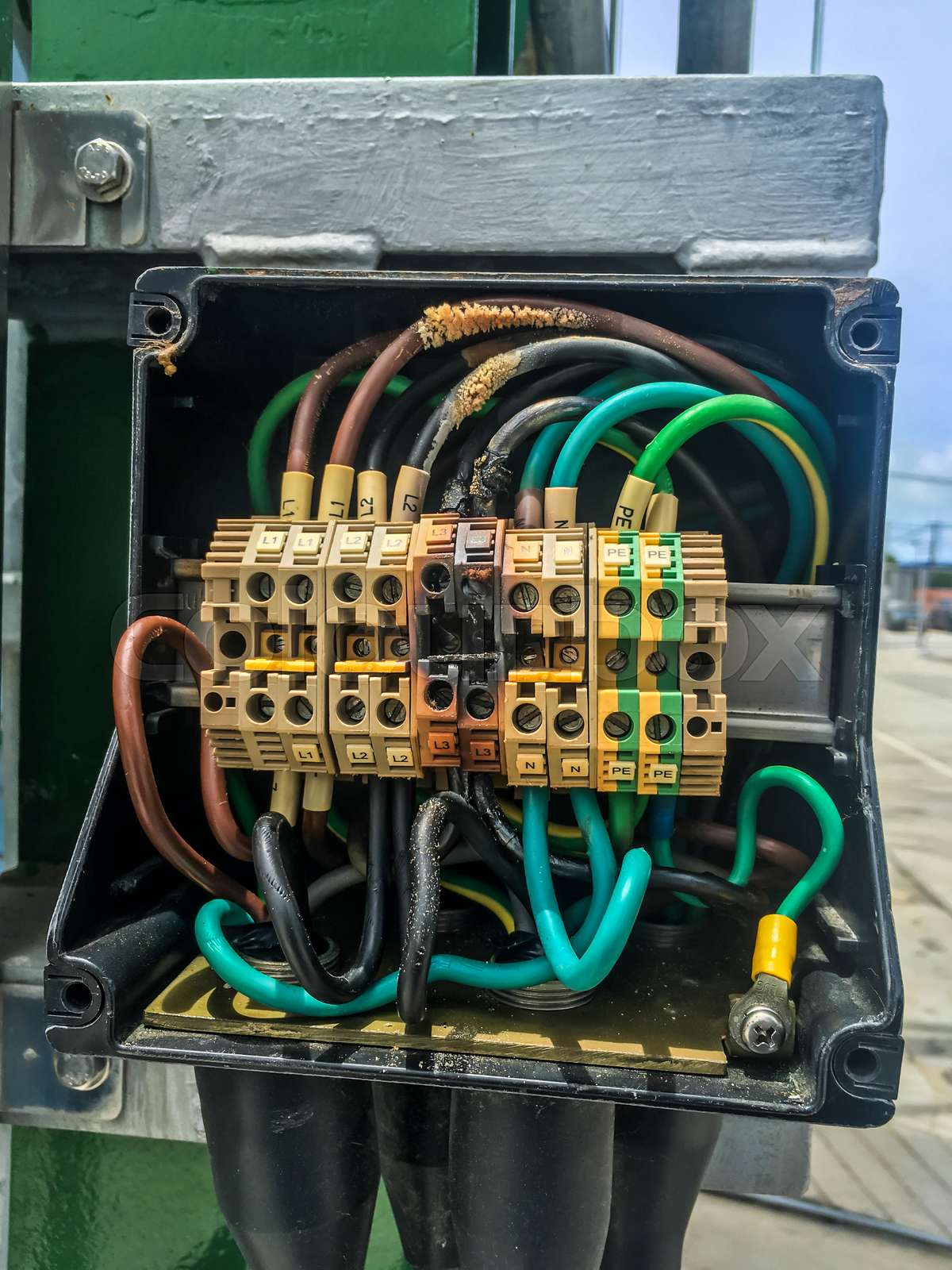 Electrical power cable and terminal short circuit Stock image Colourbox