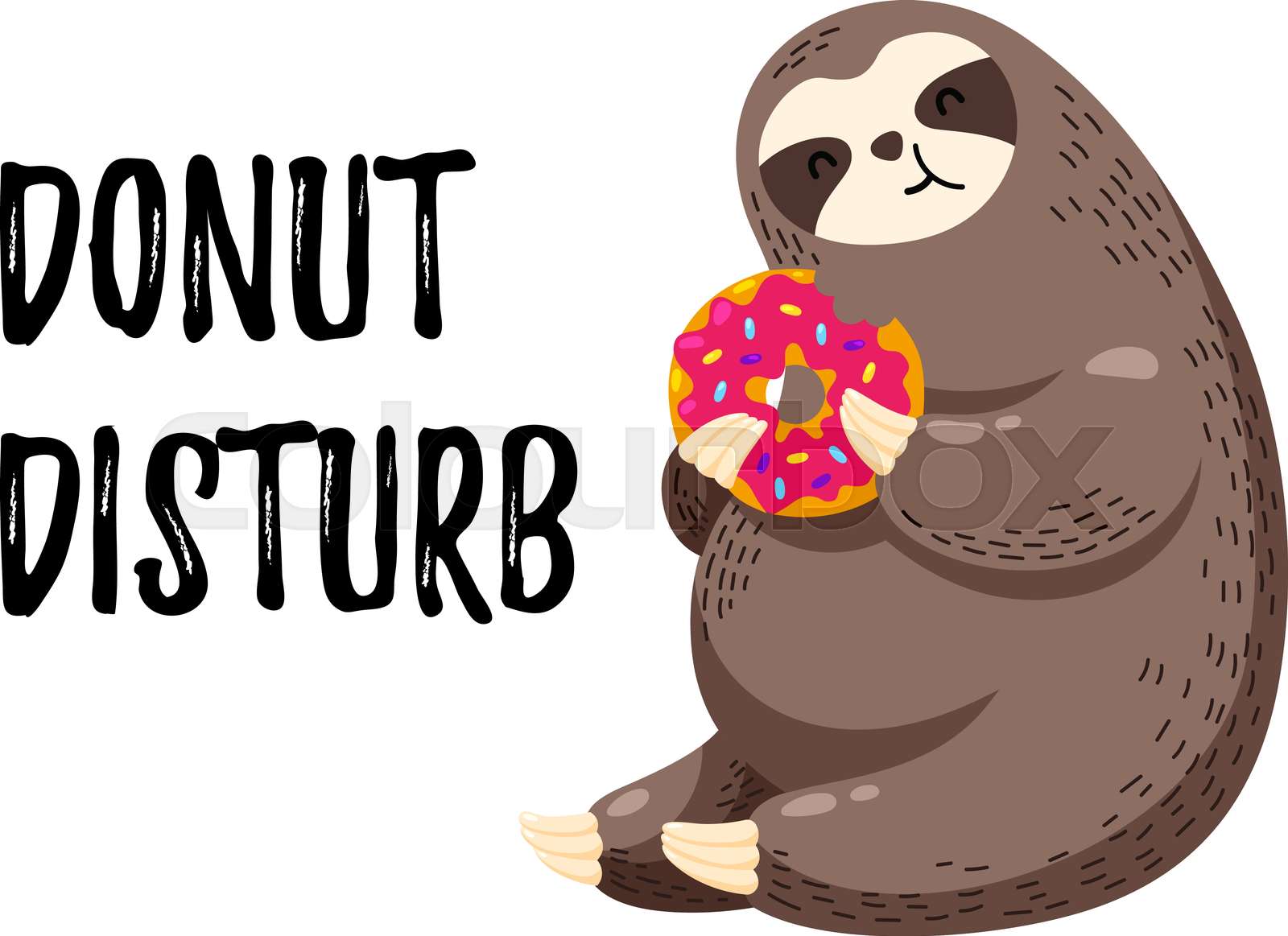 Cute vector illustration. Funny cartoon sloth eating a donut. | Stock