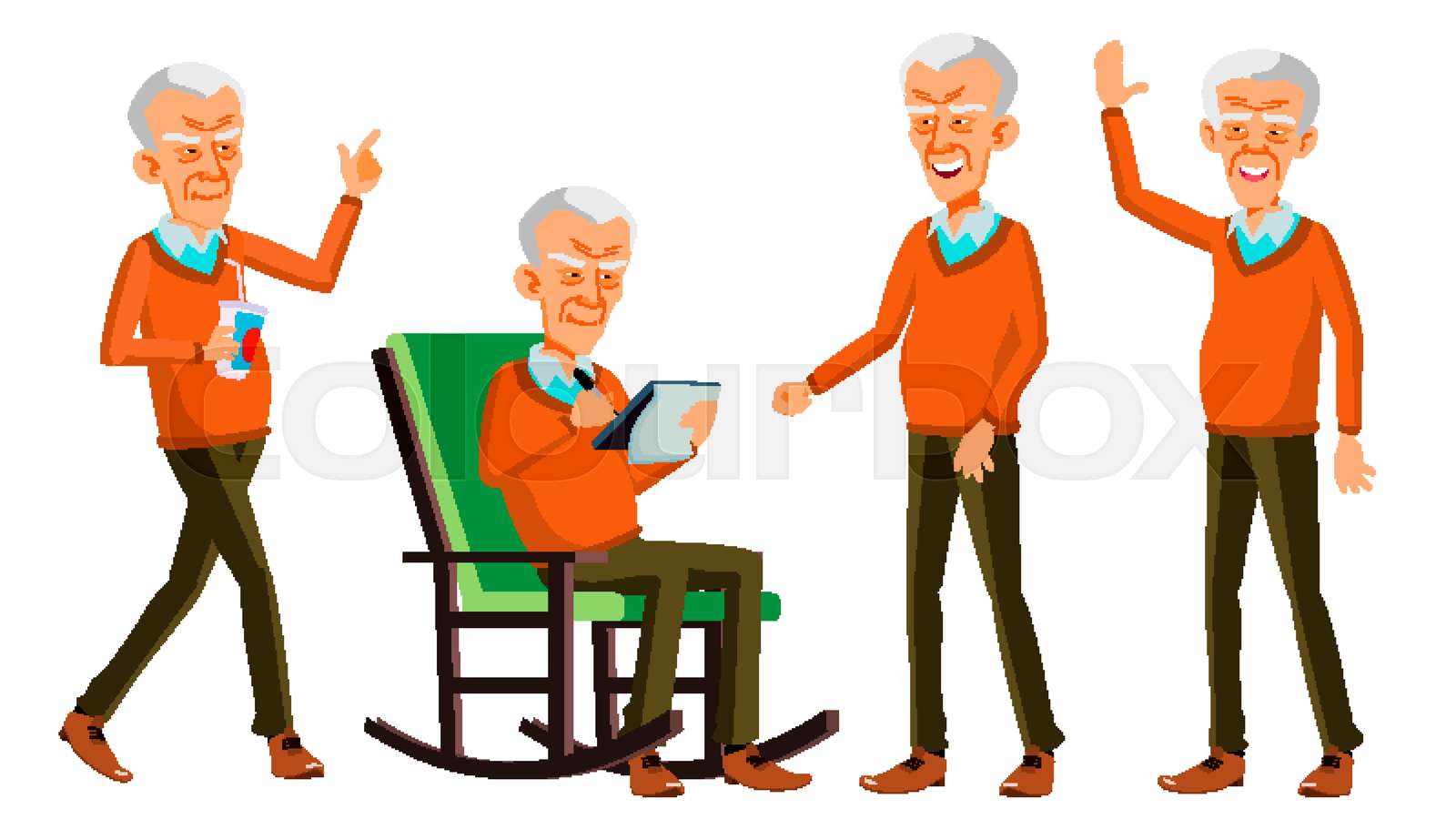 Old Man Poses Set Vector. Asian, Chinese, Japanese. Elderly People