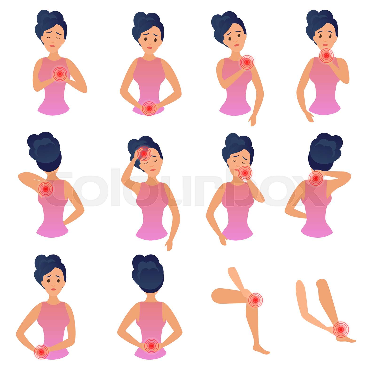 Body Parts Pain Infographic Set Woman Feels Pain In Different Parts Of
