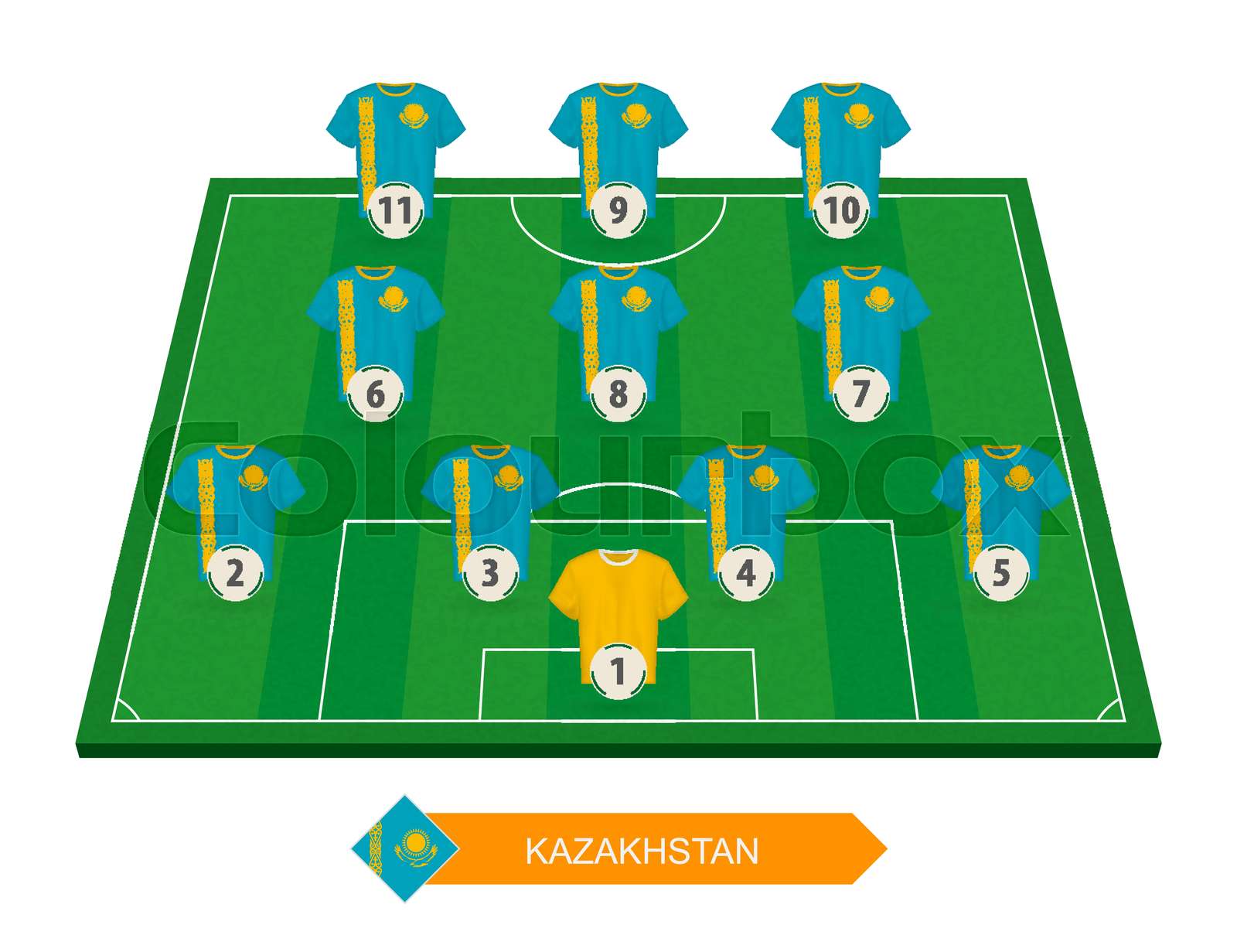 Kazakhstan football team lineup on soccer field for European football
