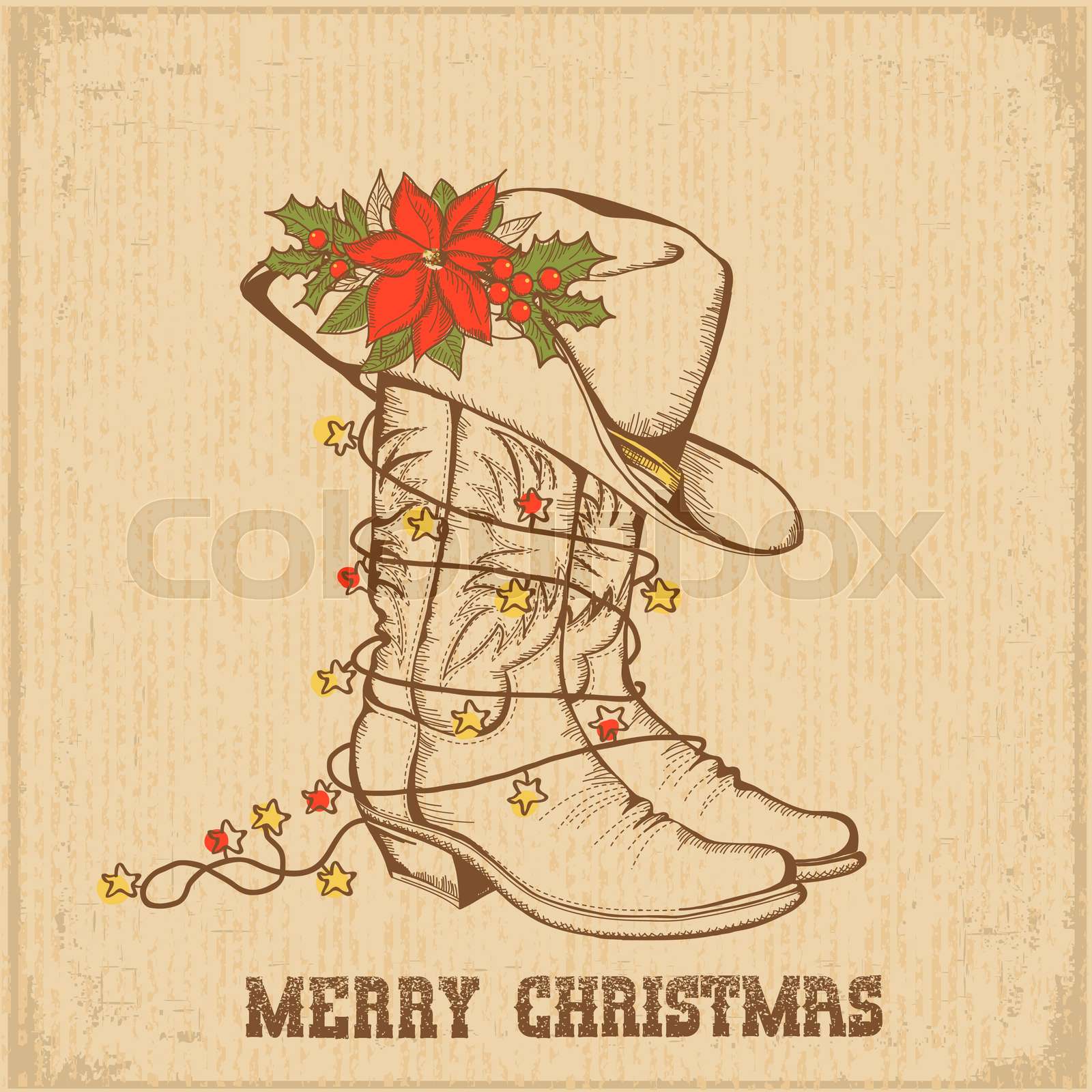 Western Christmas greeting card with cowboy traditional boots and ...