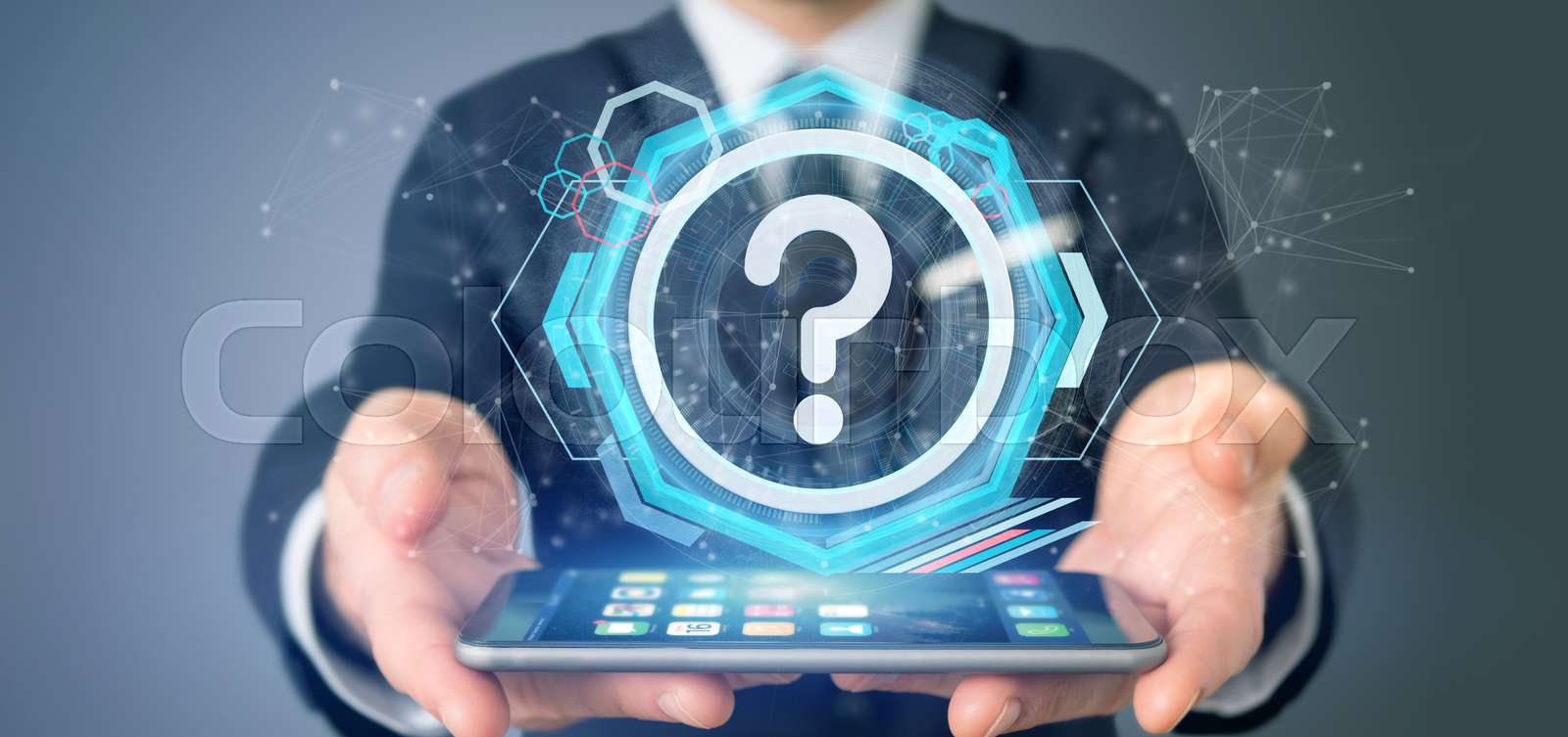 Man holding a Technology question mark icon on a circle 3d rendering ...