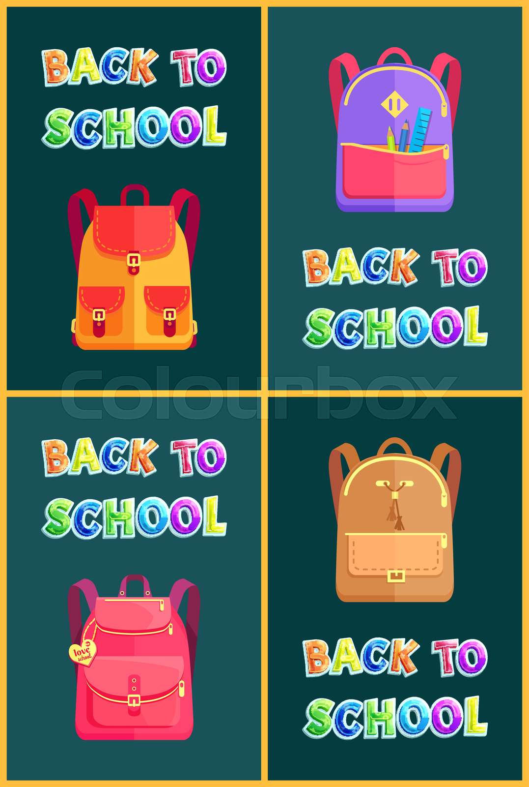 Back to School Bags Rucksacks and Satchels Poster Stock vector
