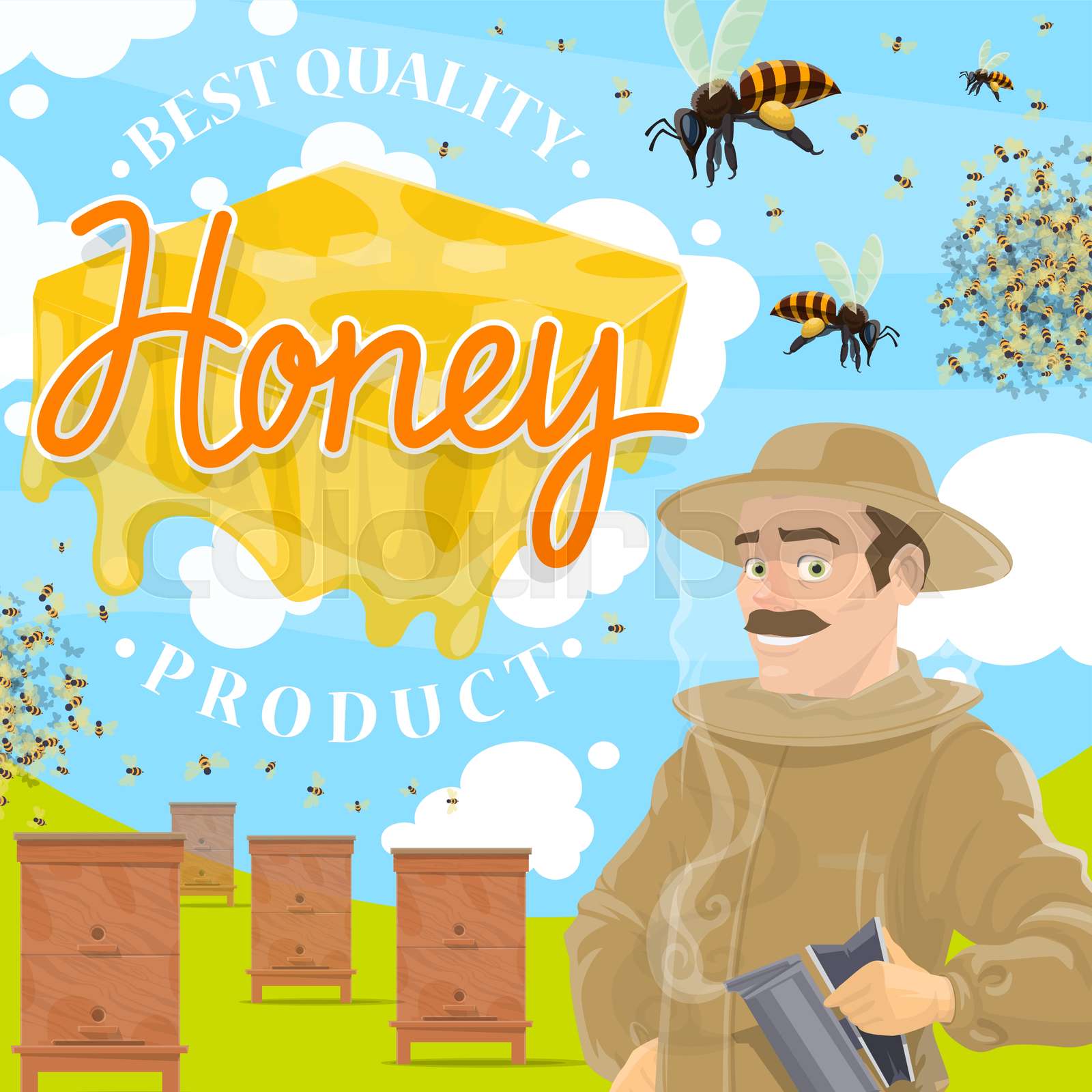 Beekeeping farm poster with beekeeper at apiary | Stock vector | Colourbox