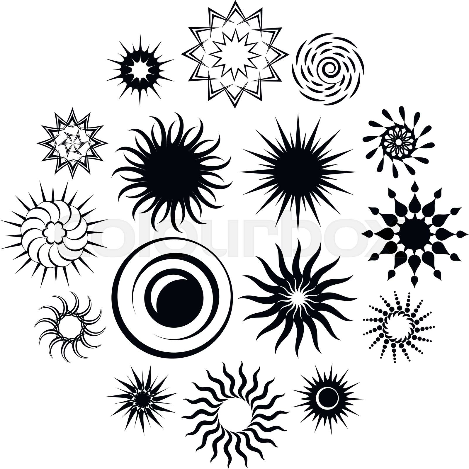 sonne, schwarz, set | Stock-Vektor | Colourbox