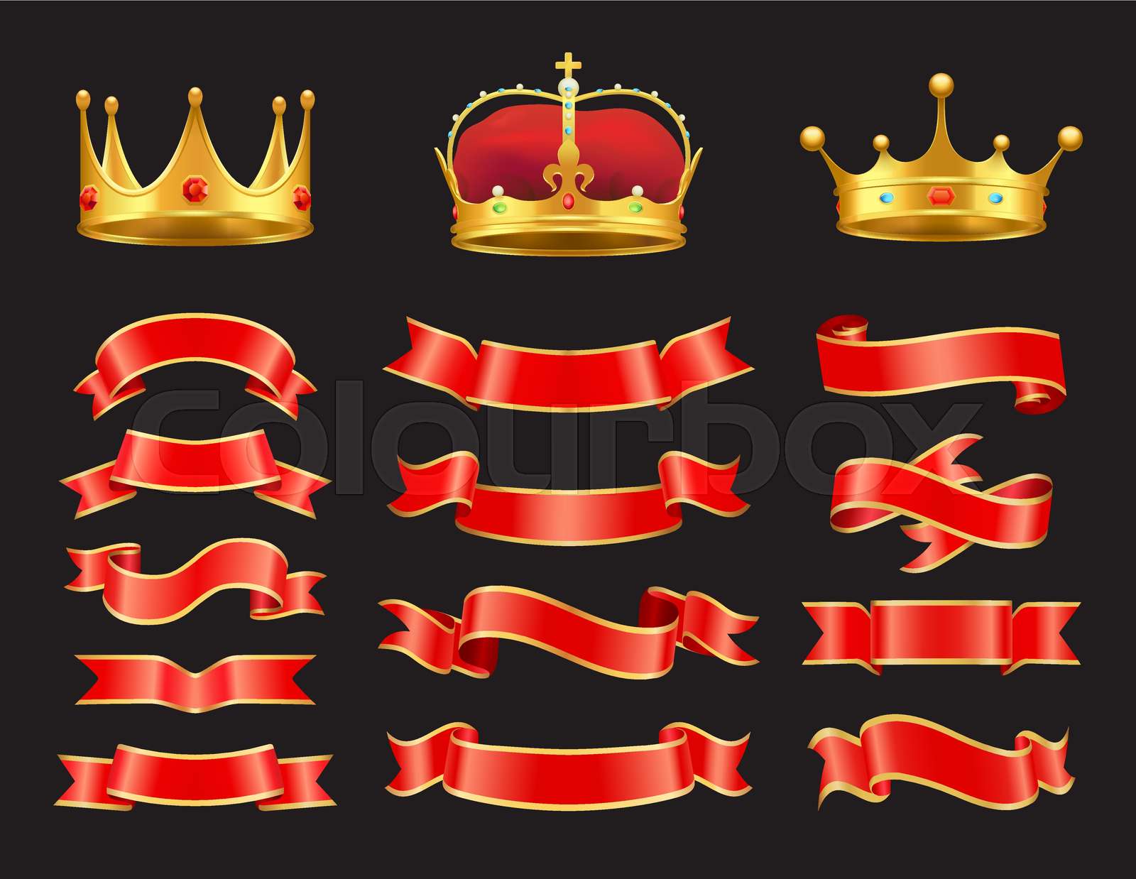 Ribbons and Crowns Set Isolated on Black Backdrop | Stock vector