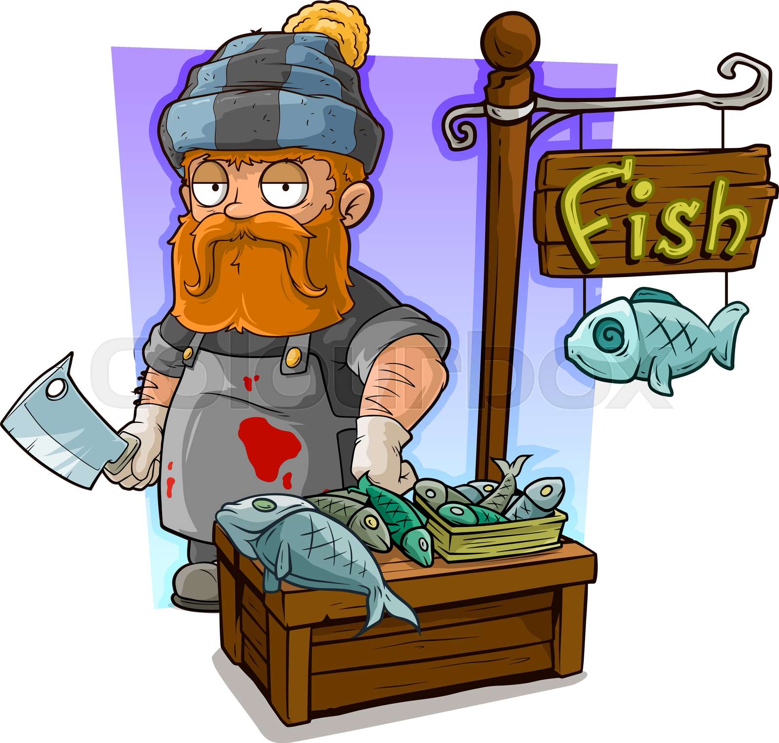 Cartoon redhead cook character and fresh fish shop Stock vector