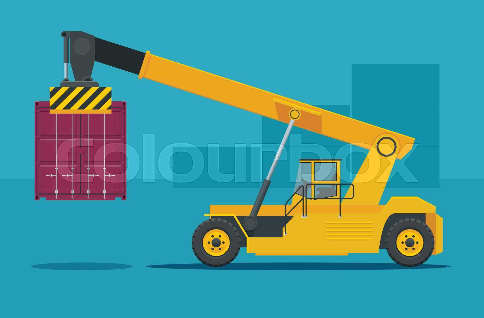 Mobile Container Handler in action at a container terminal. Crane lifts ...