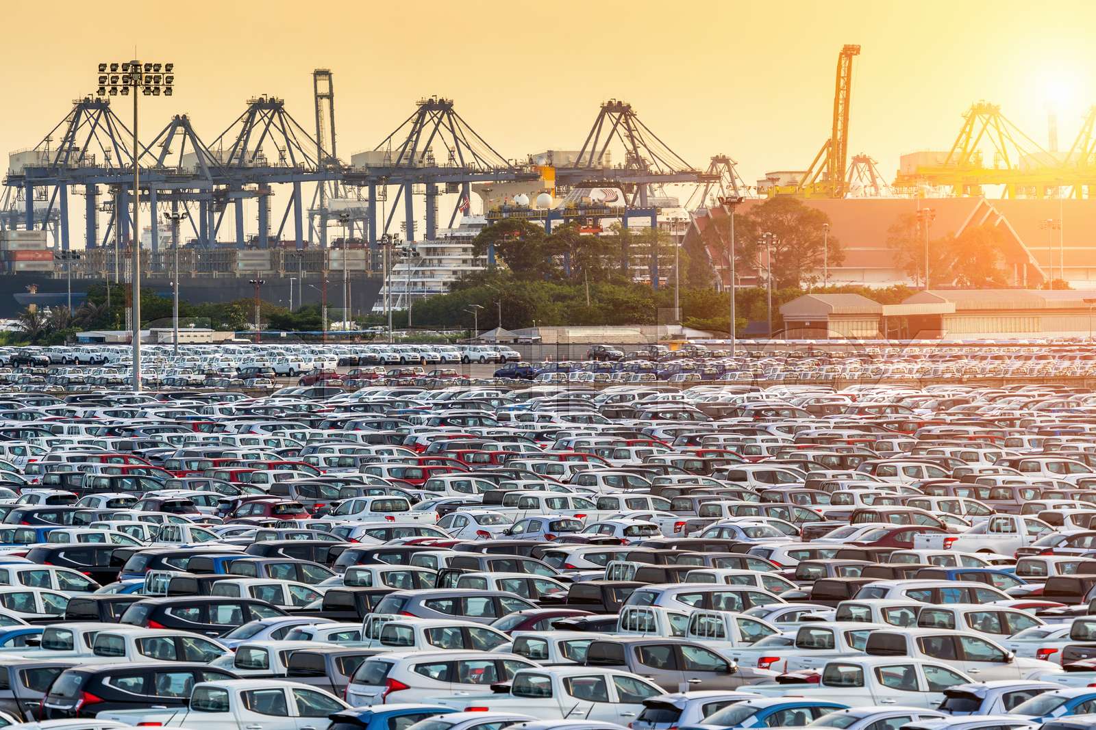 Row of new cars in port. Stock image Colourbox