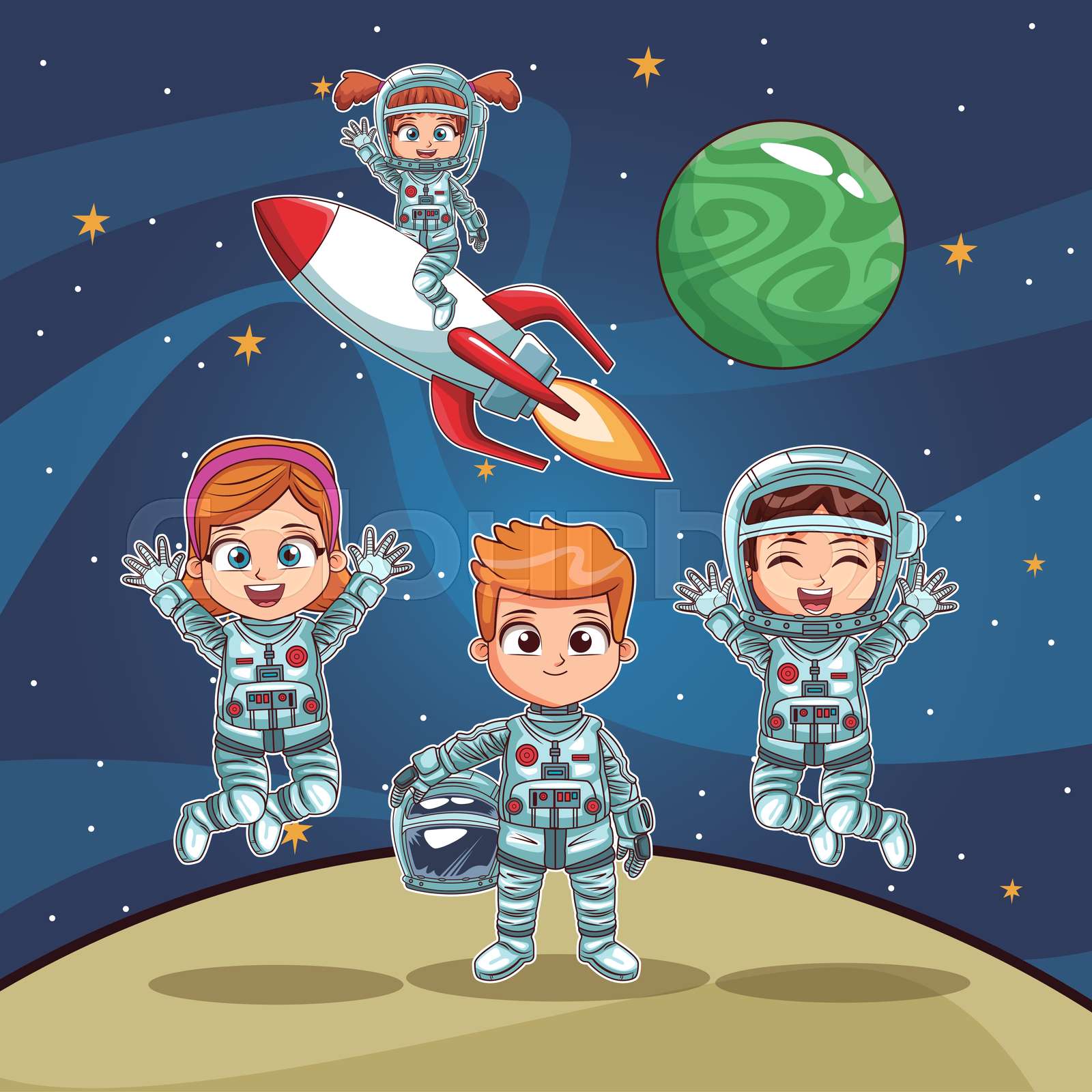 Astronauts kids on space cartoon | Stock vector | Colourbox
