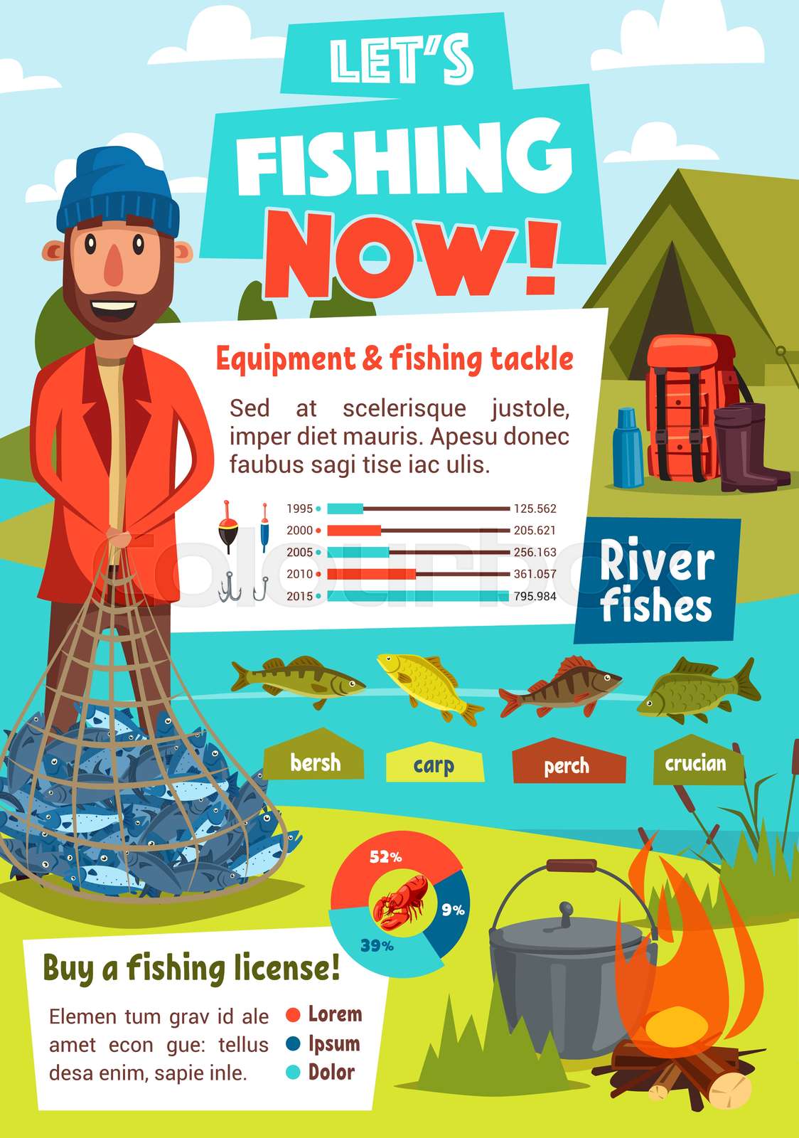 Fishing infographics with fisherman tackle chart Stock vector Colourbox