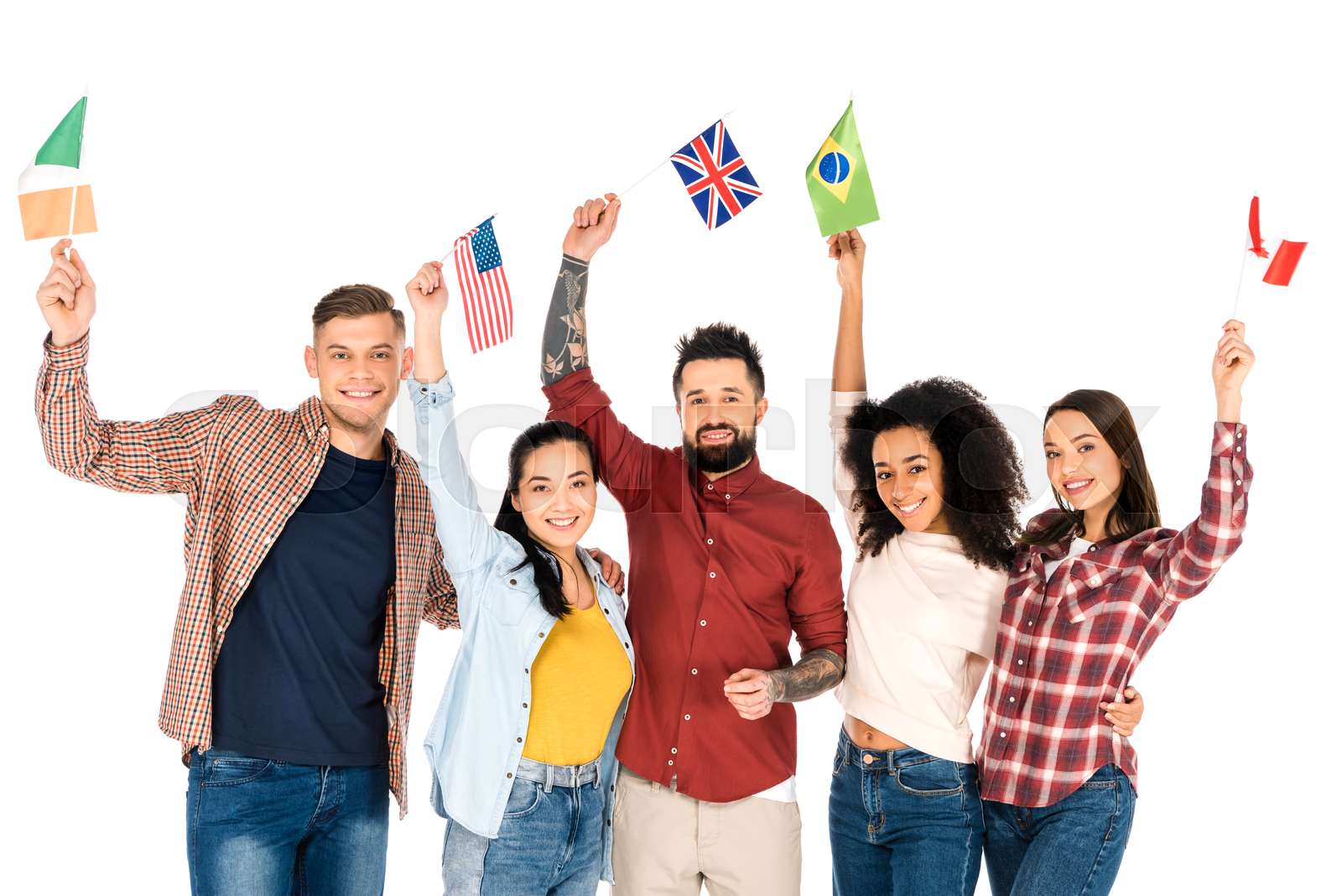 multiethnic group of people smiling with flags of different countries