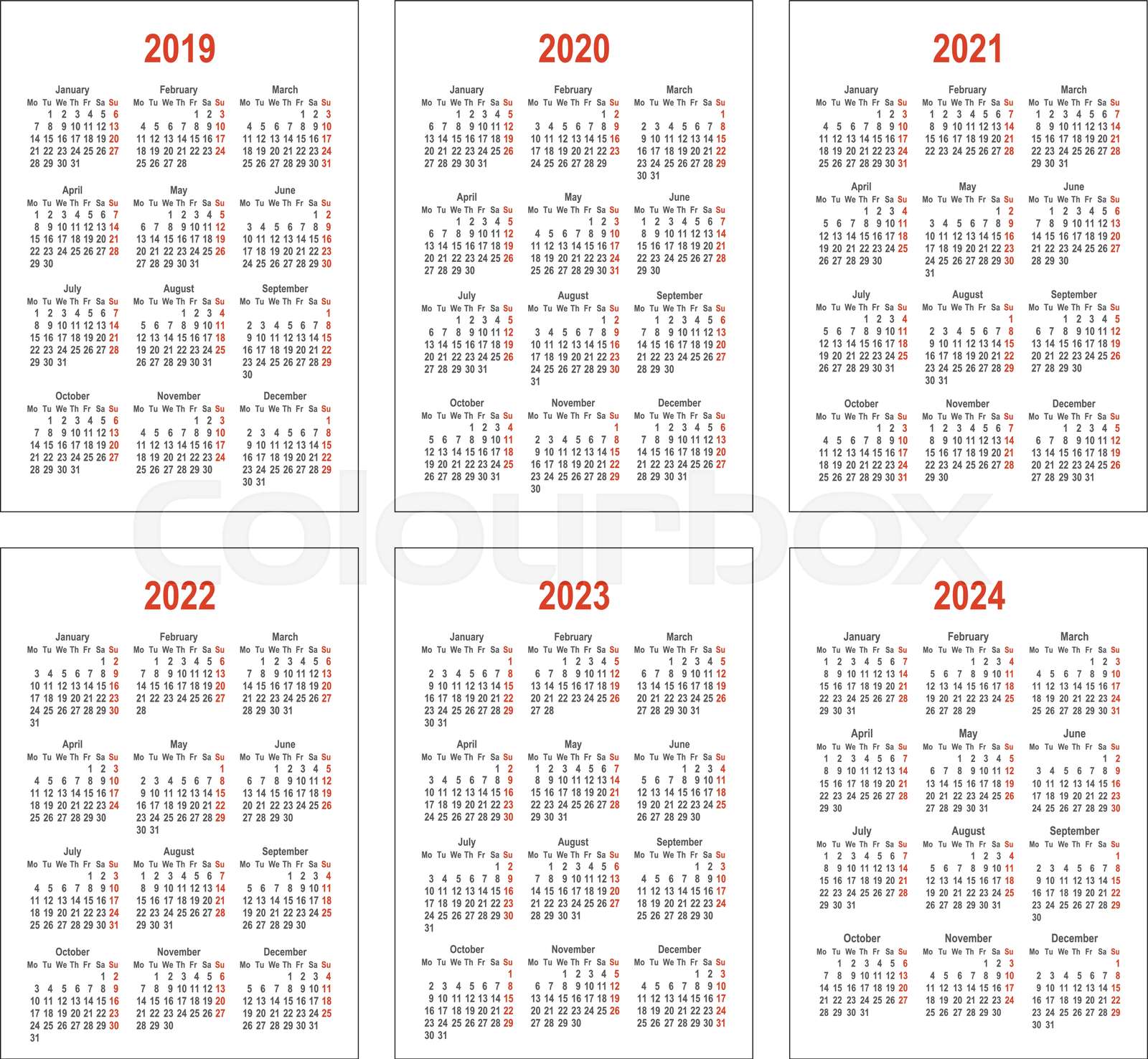 Simple calendar for 2019, 2020, 2021, 2022, 2023 and 2024 years Stock