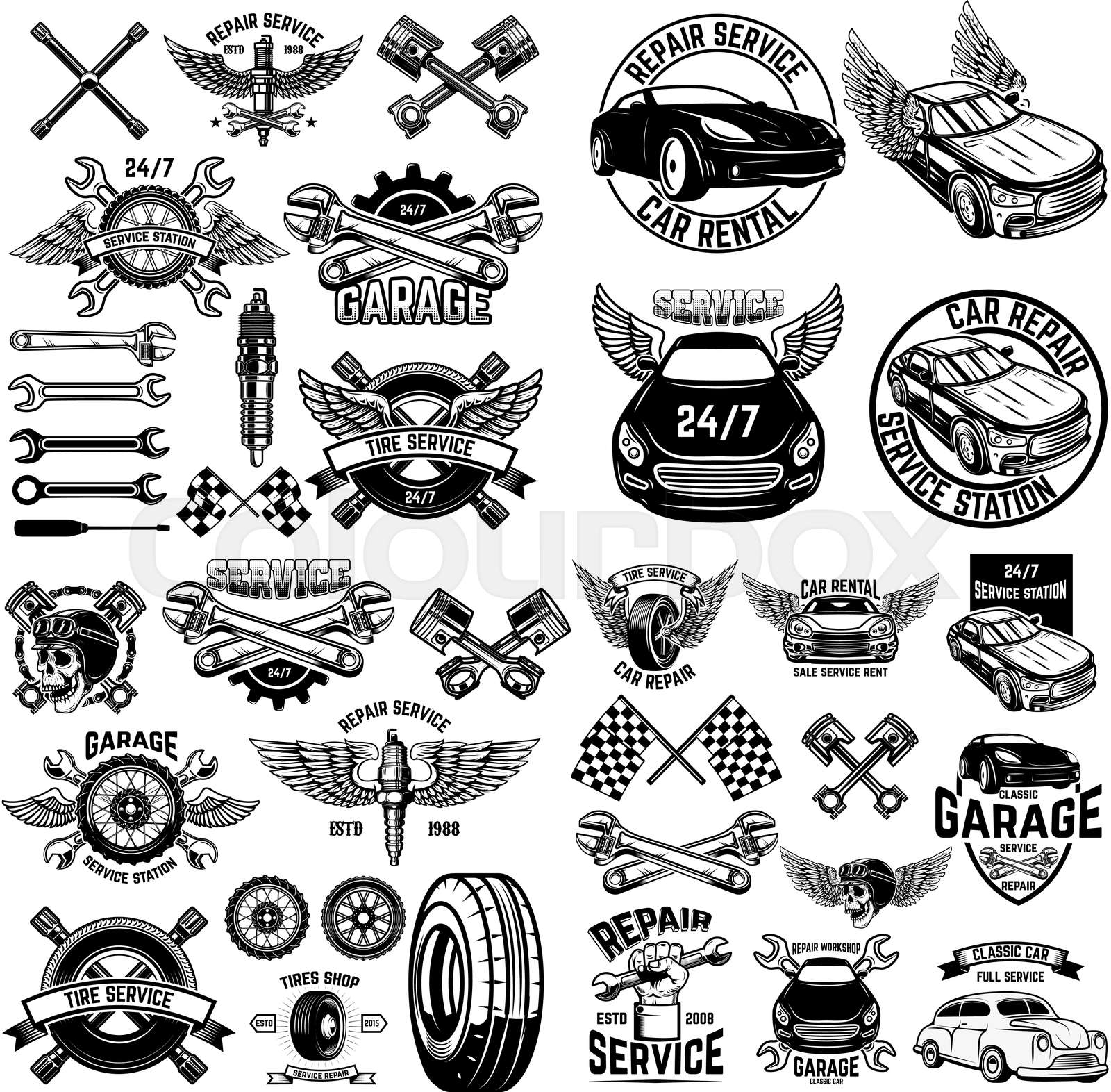 Set of car service station emblems and design elements. For logo, label