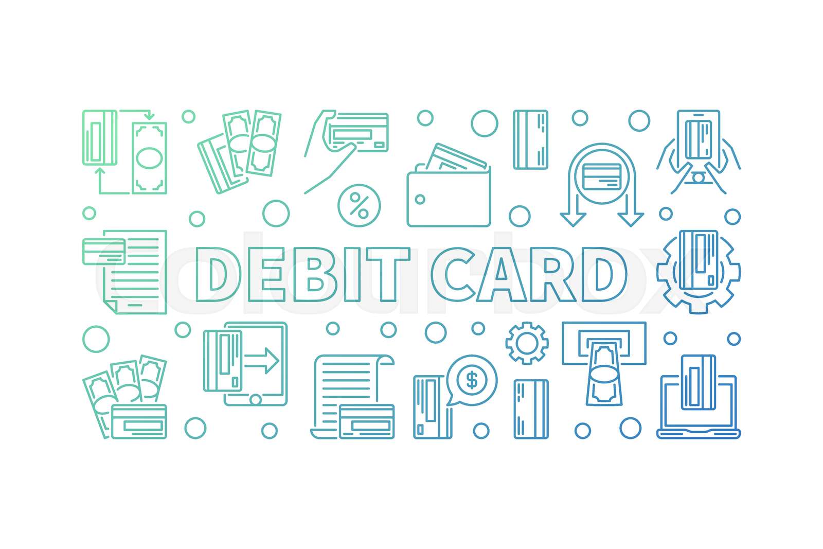 Debit Card outline colored horizontal illustration. Vector banner