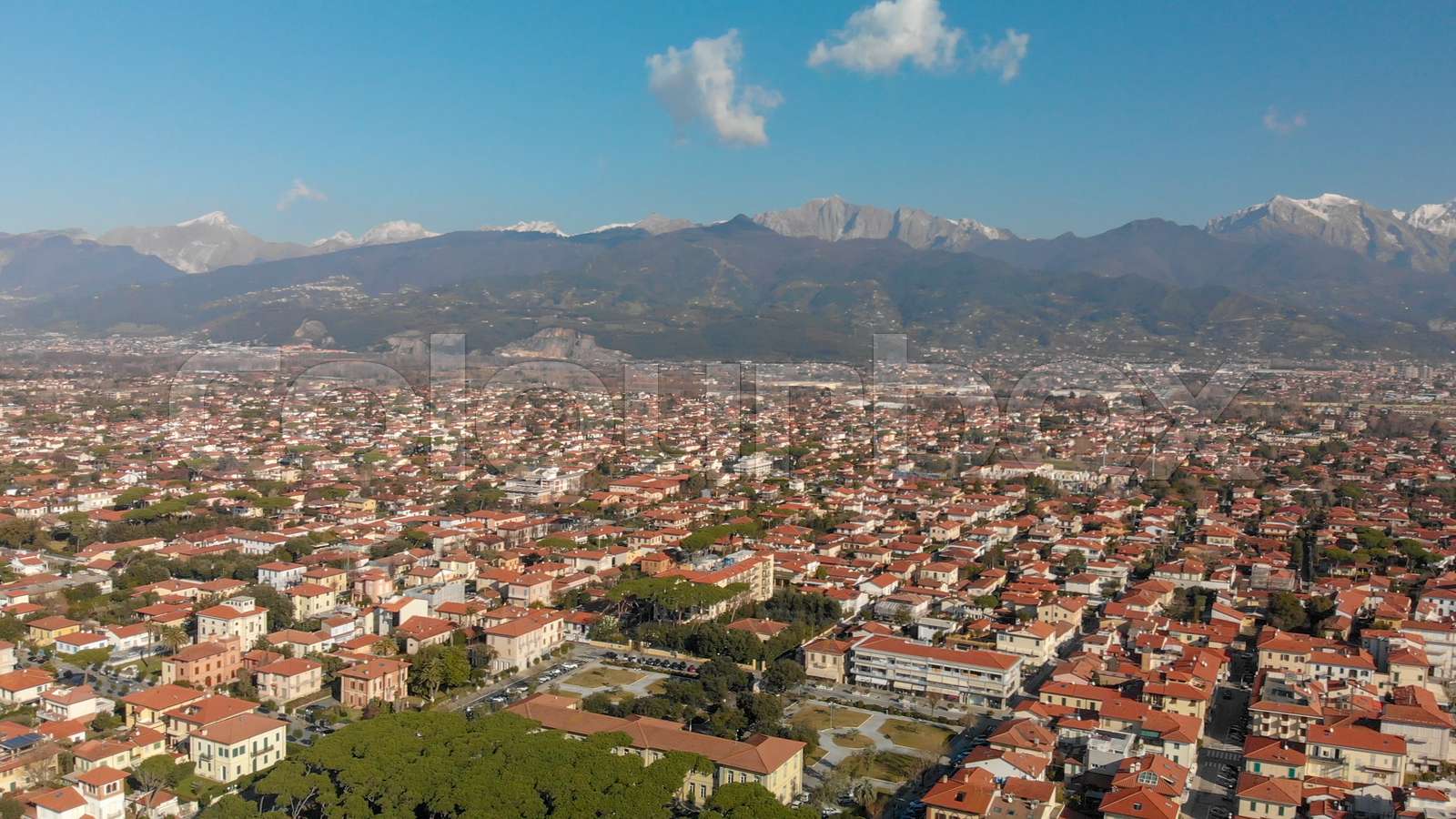 Aerial panoramic view of Forte dei Marmi skyline on a sunny winter