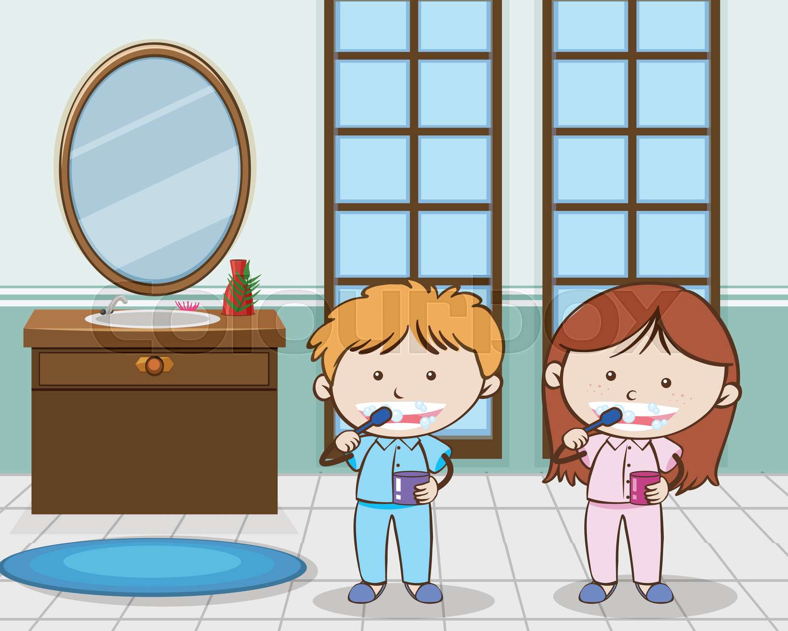 Kids Brushing Teeth in The Morning Stock vector Colourbox