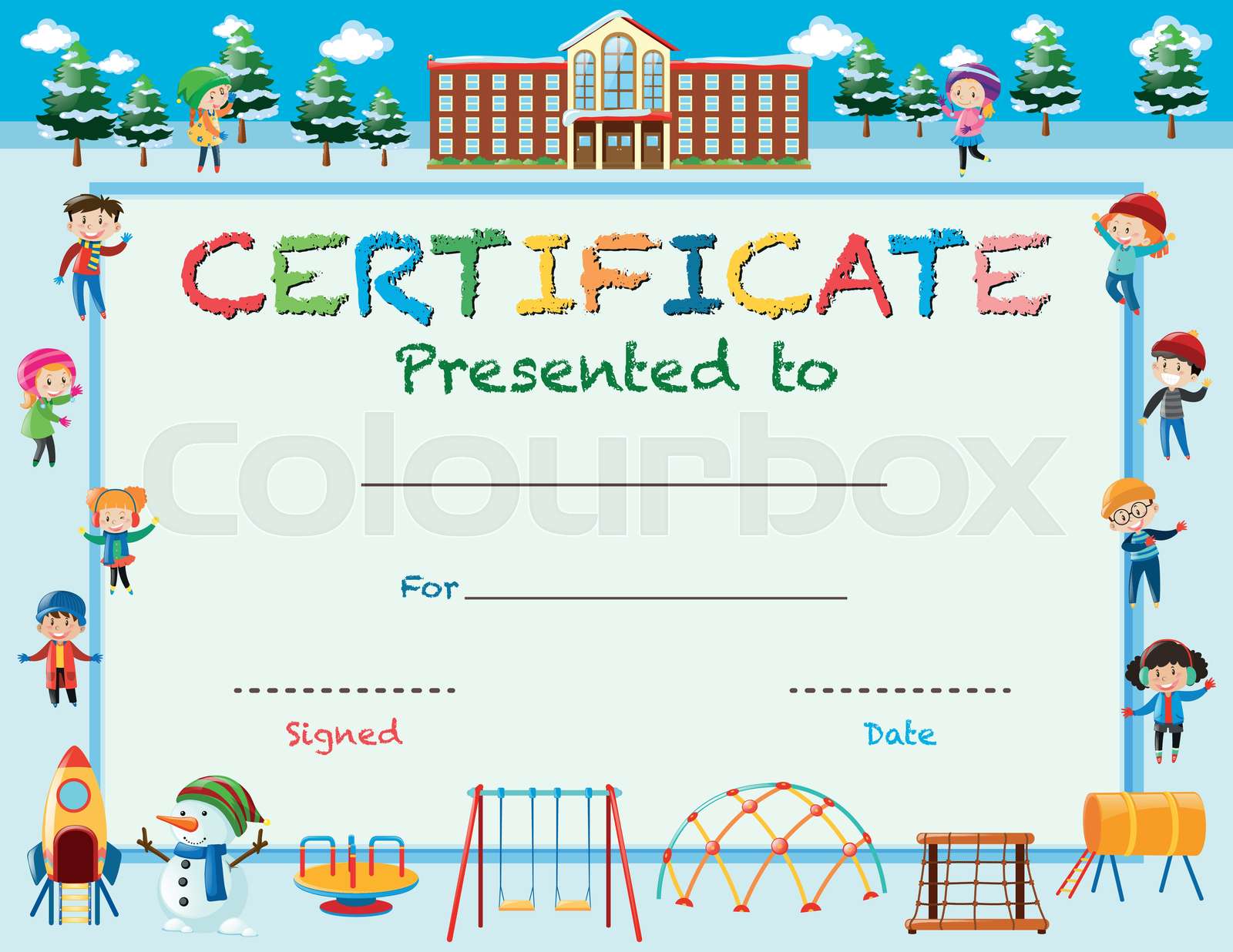 Certificate template with kids in winter at school | Stock vector | Colourbox