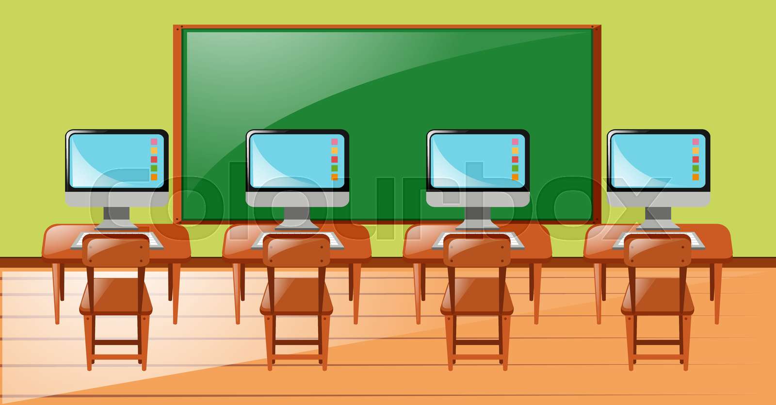 Classroom with four computers on desk Stock vector Colourbox