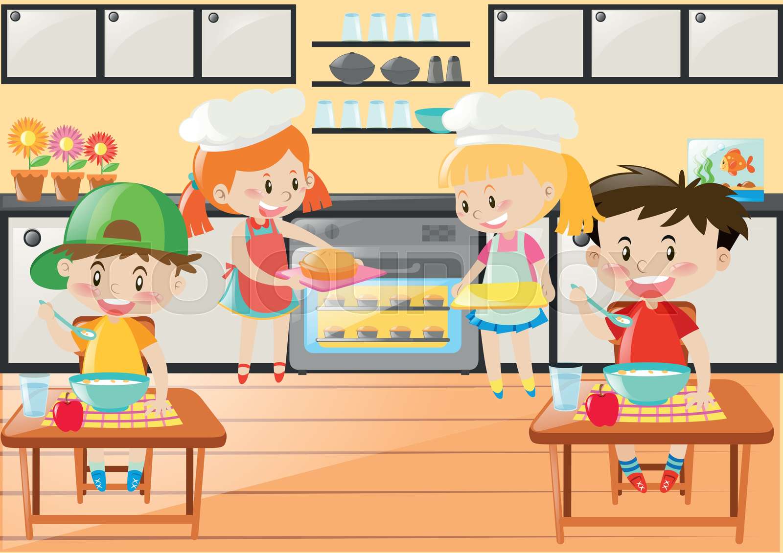 Kitchen scene with girls and boys | Stock vector | Colourbox