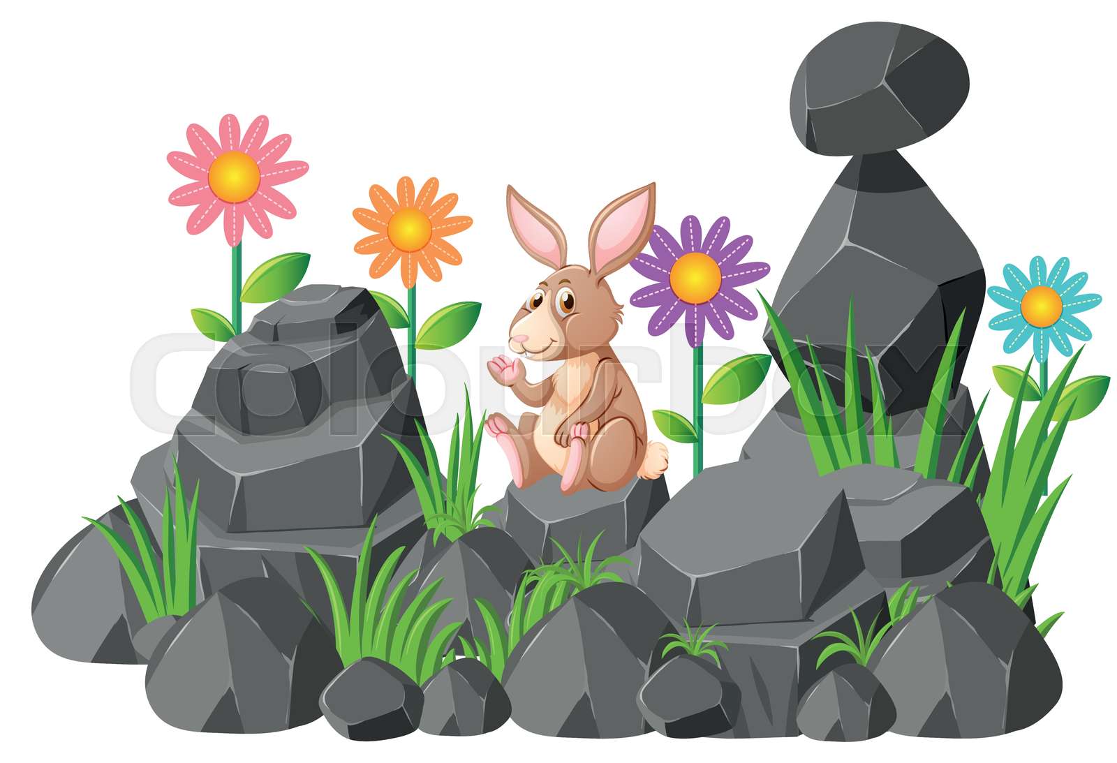 Cute rabbit sitting on rocks | Stock vector | Colourbox