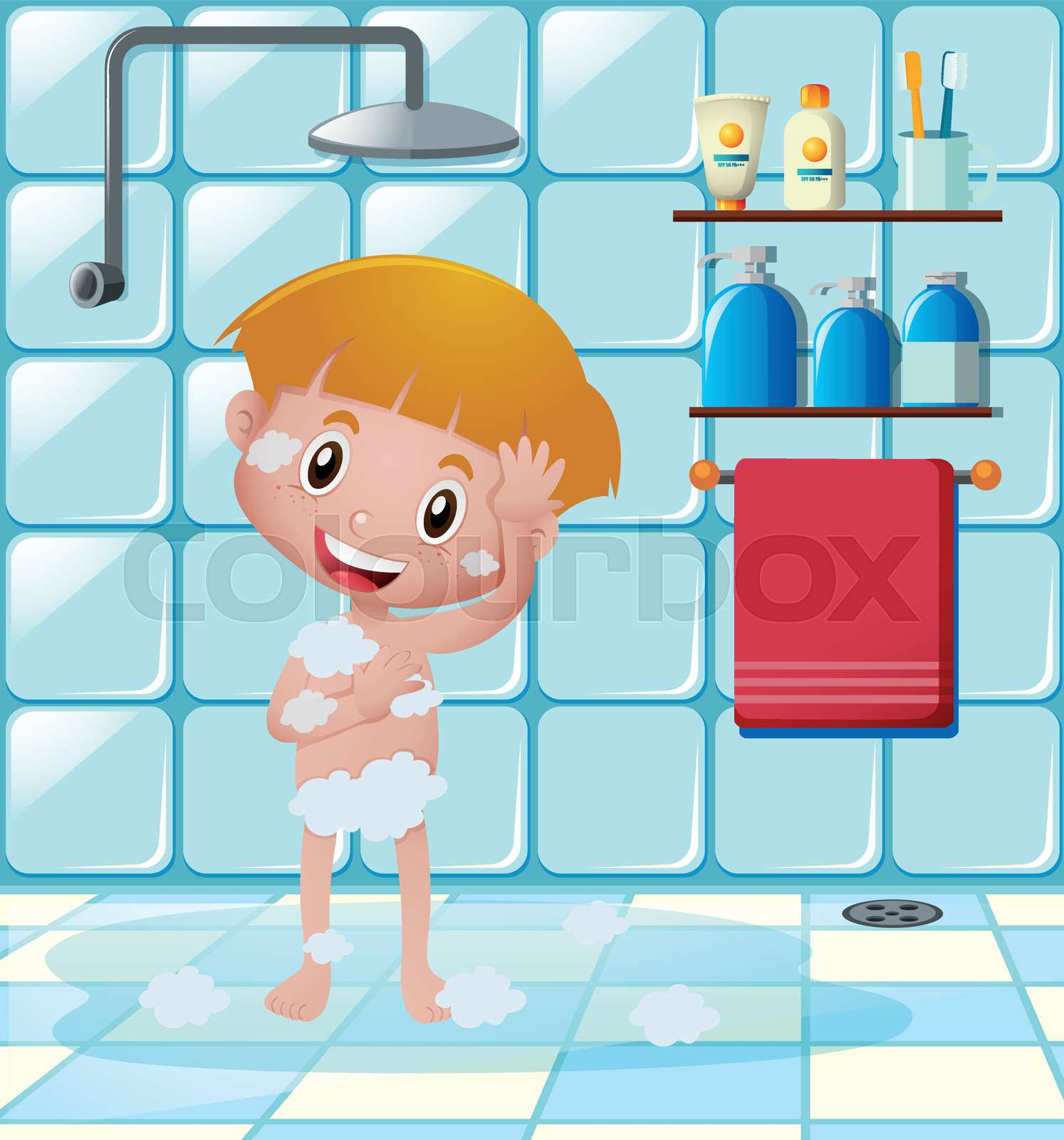 Boy taking shower in bathroom Stock vector Colourbox