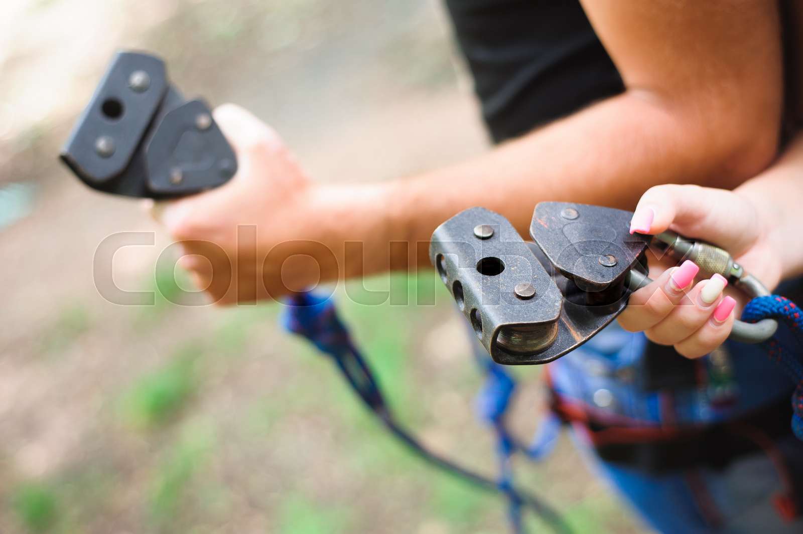 Hiking in the rope park two young people. Stock image Colourbox