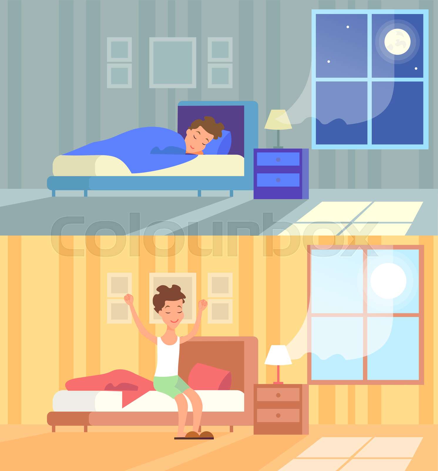 Vector illustration of man sleeping at night and waking up morning ...