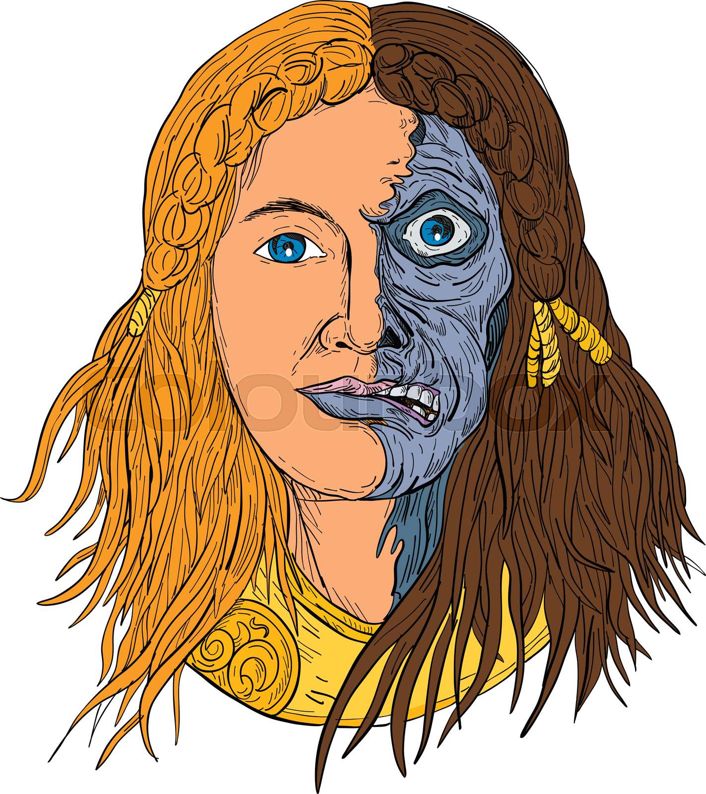 Hel Norse Goddess Face Front Drawing Color Stock vector Colourbox