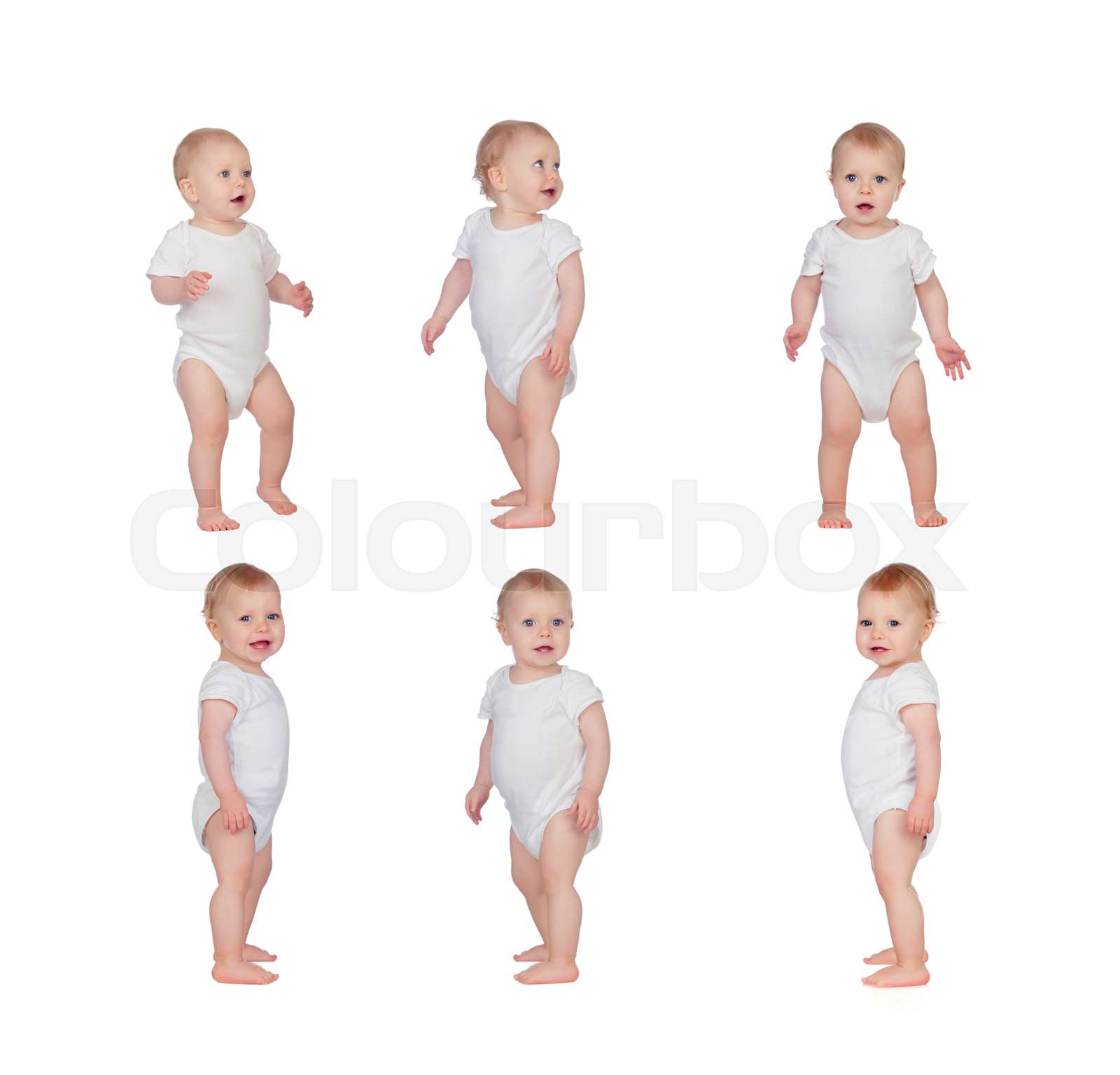 Sequence of a babies standing in underwear Stock image Colourbox