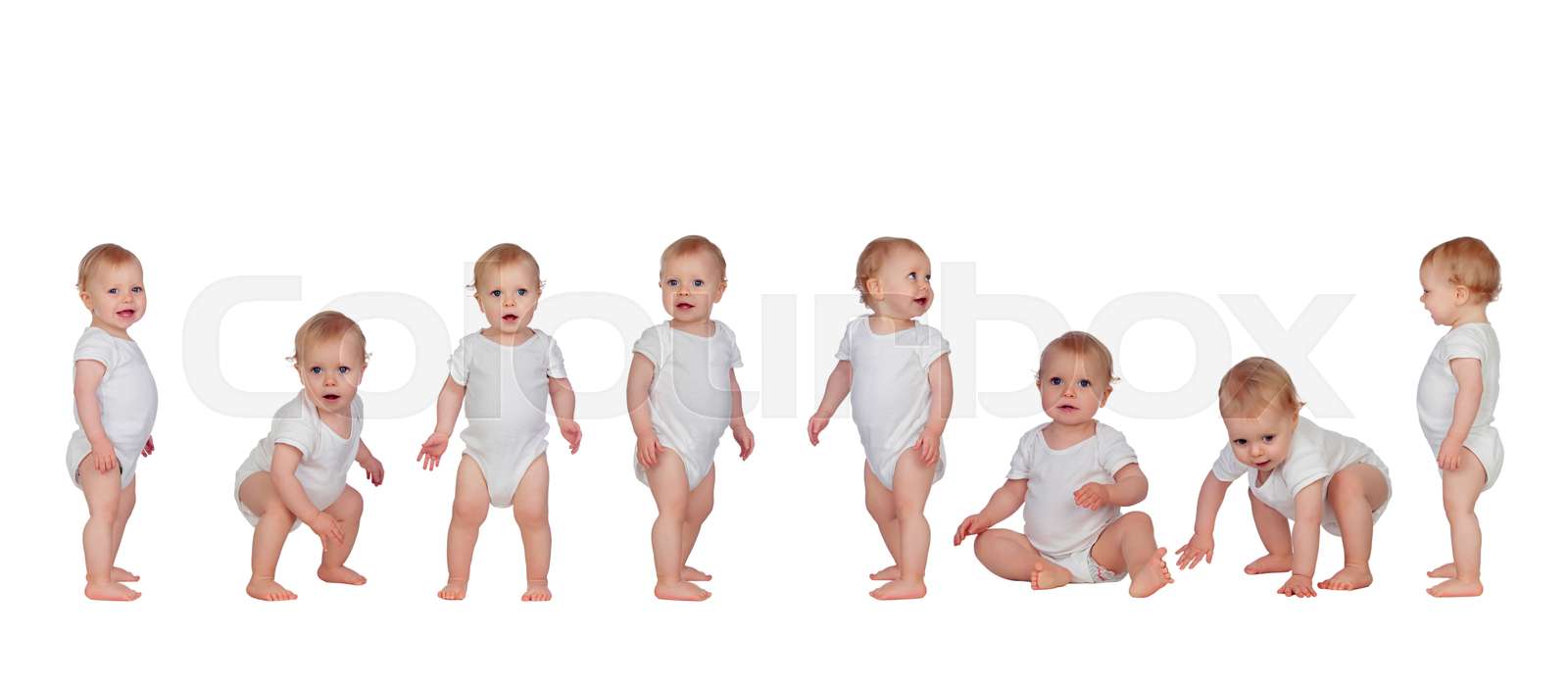 Sequence of a babies standing in underwear Stock image Colourbox