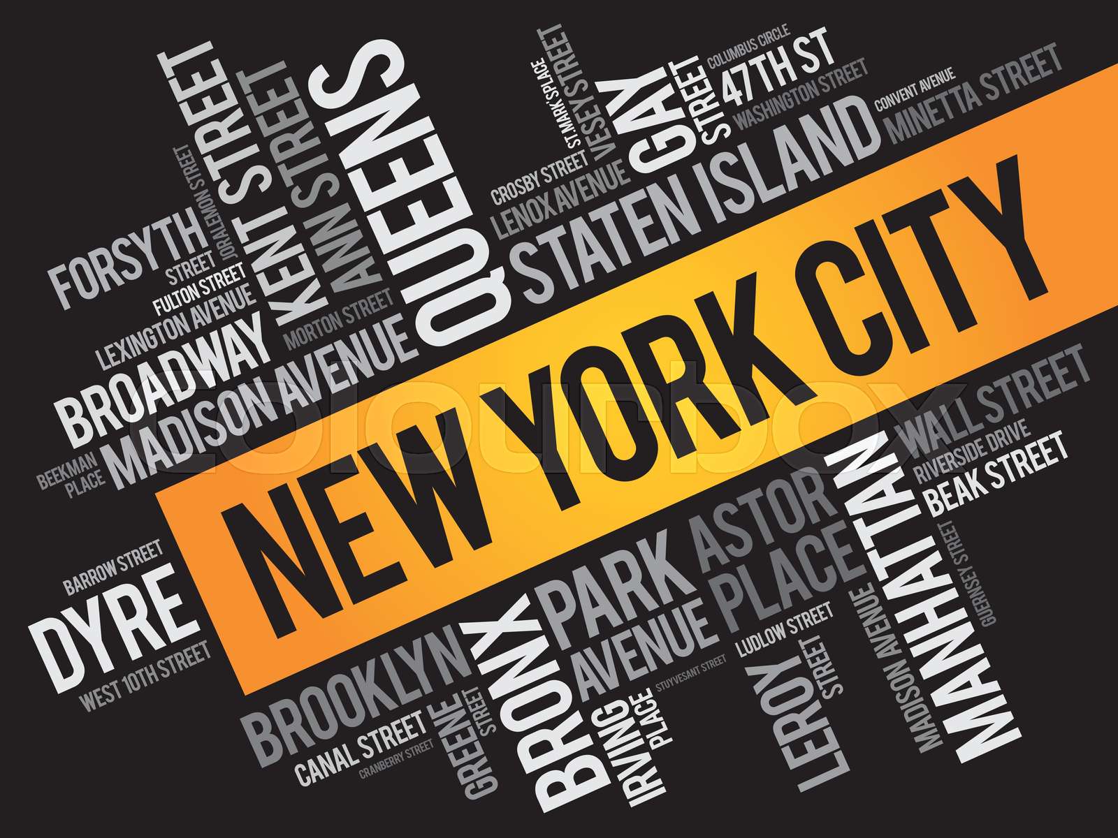 List of streets in New York City, word cloud Stock vector Colourbox