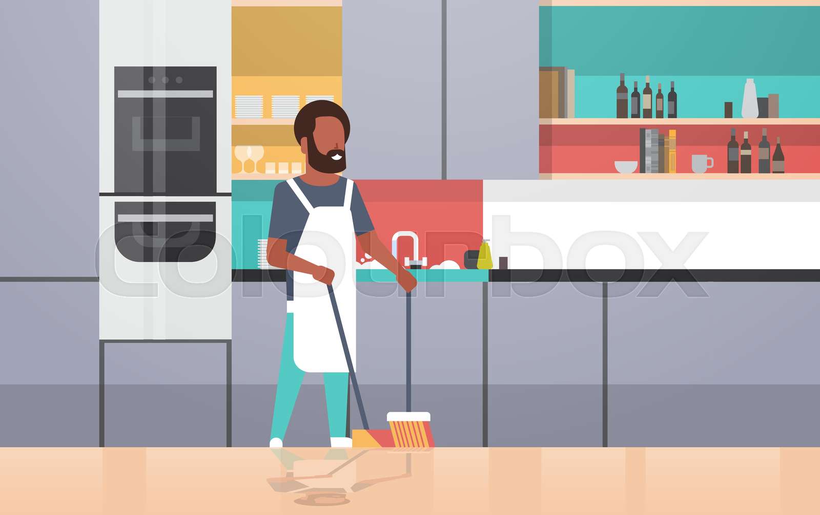 man sweeping floor with broom and scoop african american guy doing